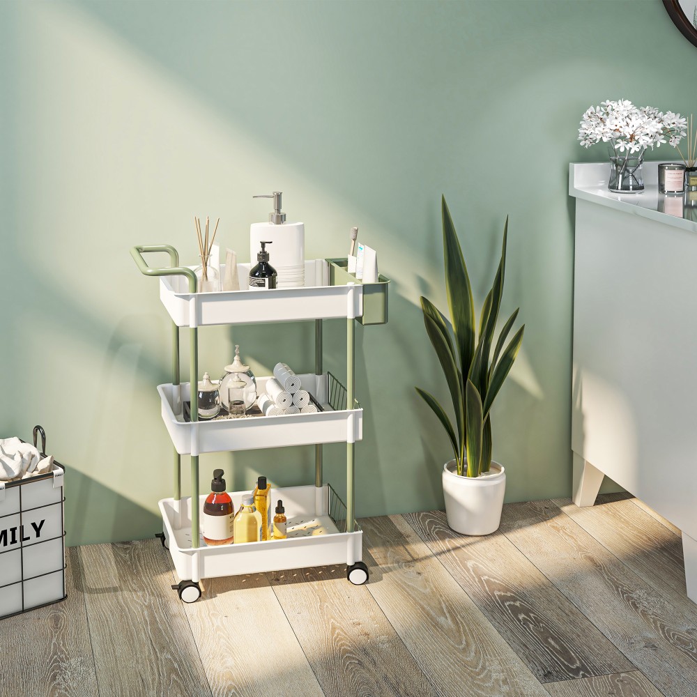 HOMCOM Τροχήλατο καρότσι, 3 επίπεδα, κρεμαστό καλάθι, λαβή ώθησης, 4 τροχοί, μεταλλικό πλαίσιο, Λευκό, 50 x 29,4 x 77cm