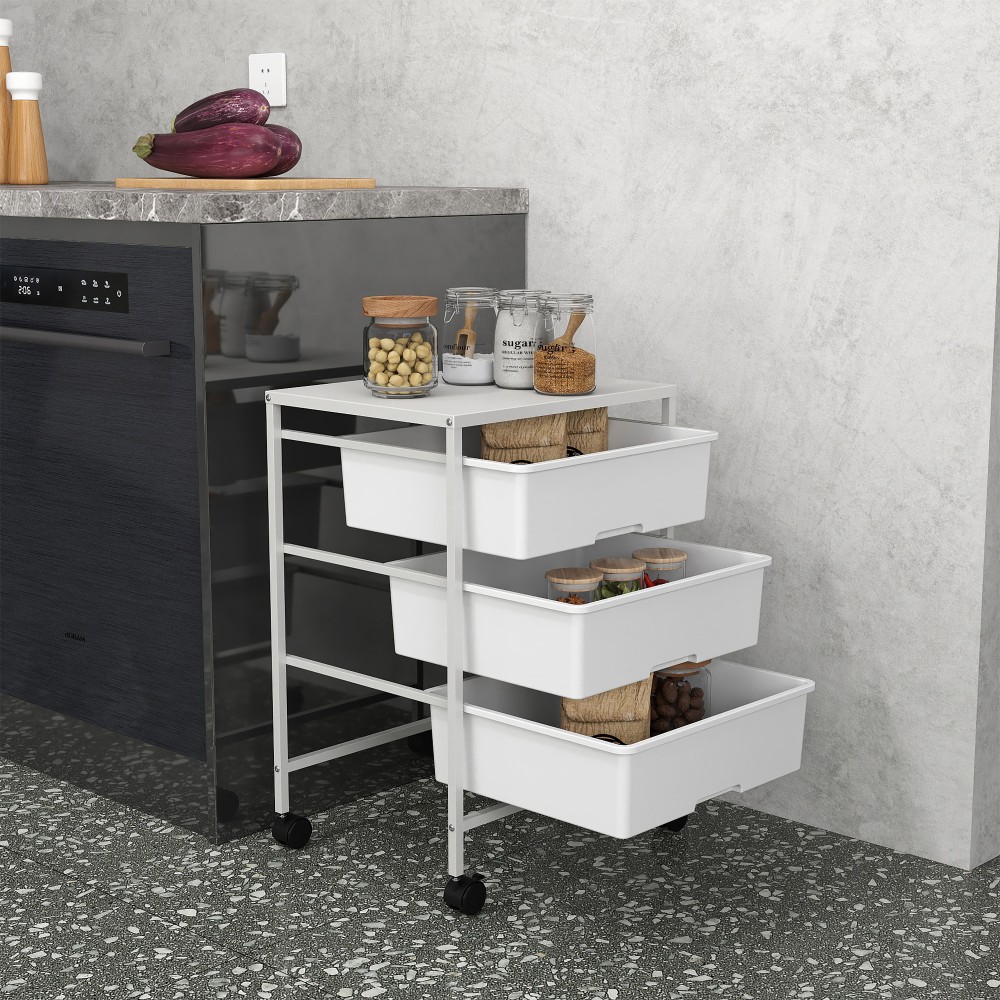 Πλαϊνό καρότσι με ρόδες, 3 καλάθια για μεταφορά και αποθήκευση, καρότσι κουζίνας, 40,8L x 33,5W x 60,5H cm, λευκό