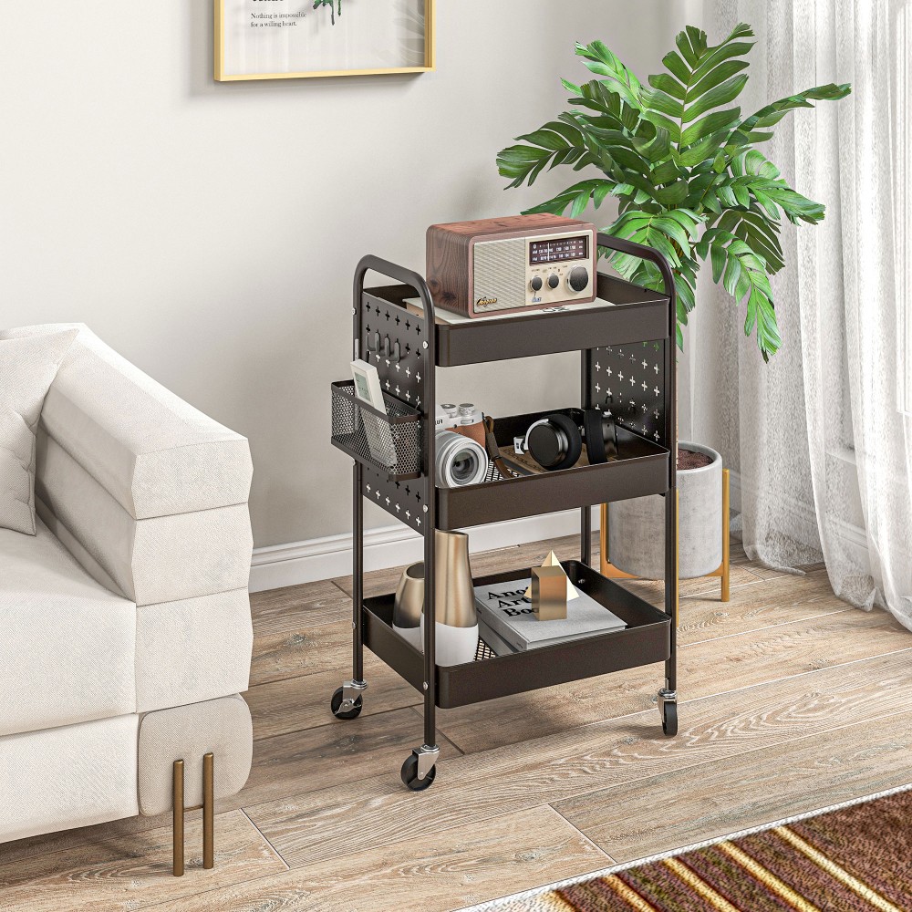 HOMCOM Πολυλειτουργικό καρότσι, τρόλεϊ κουζίνας, 3 ράφια, 4 ροδάκια, 53,5 cm x 30,5 cm x 75 cm, Μαύρο