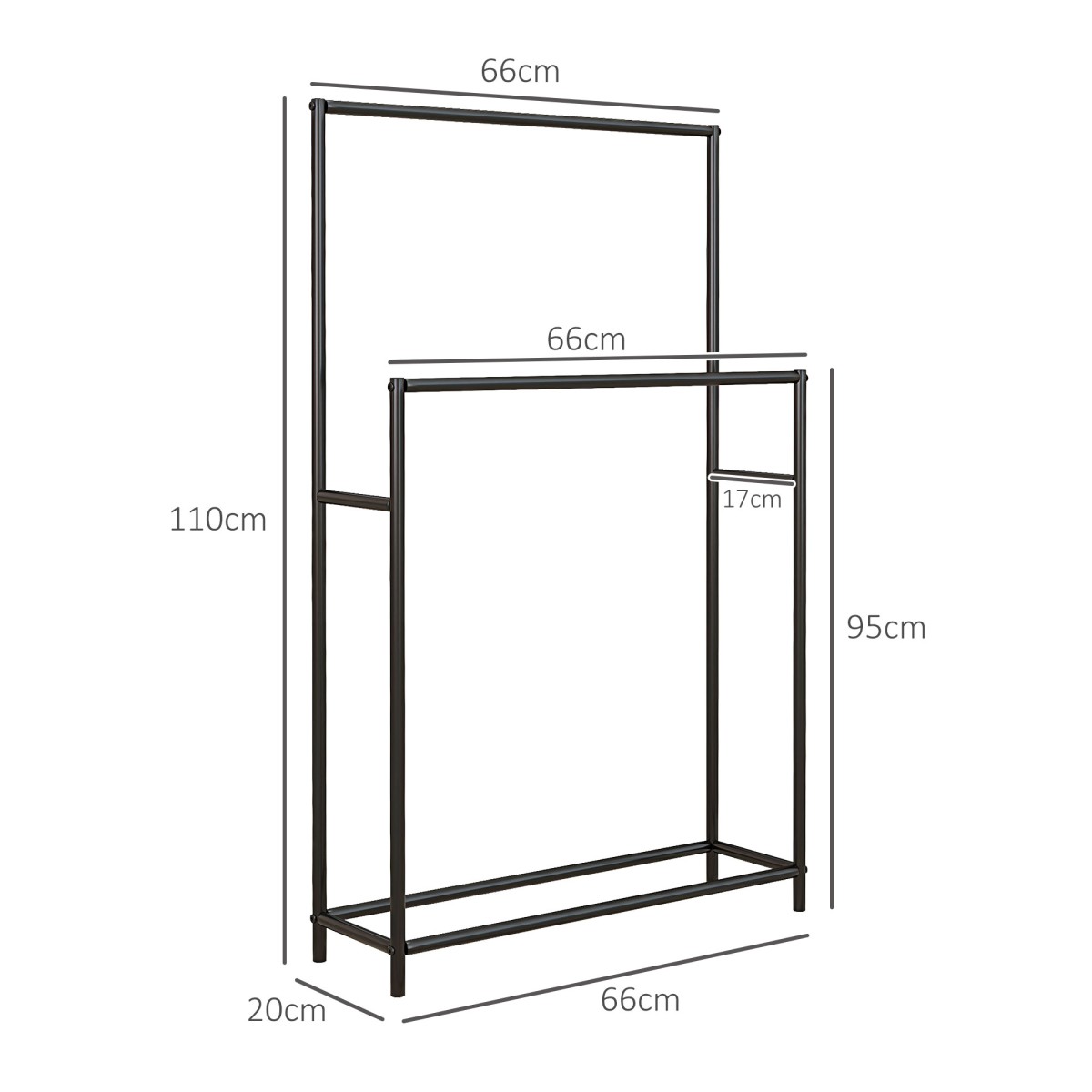 Σχάρα για πετσέτες, ελεύθερη, 2 μπάρες, ανθεκτική στη σκουριά, 66x20x110 cm, μαύρο