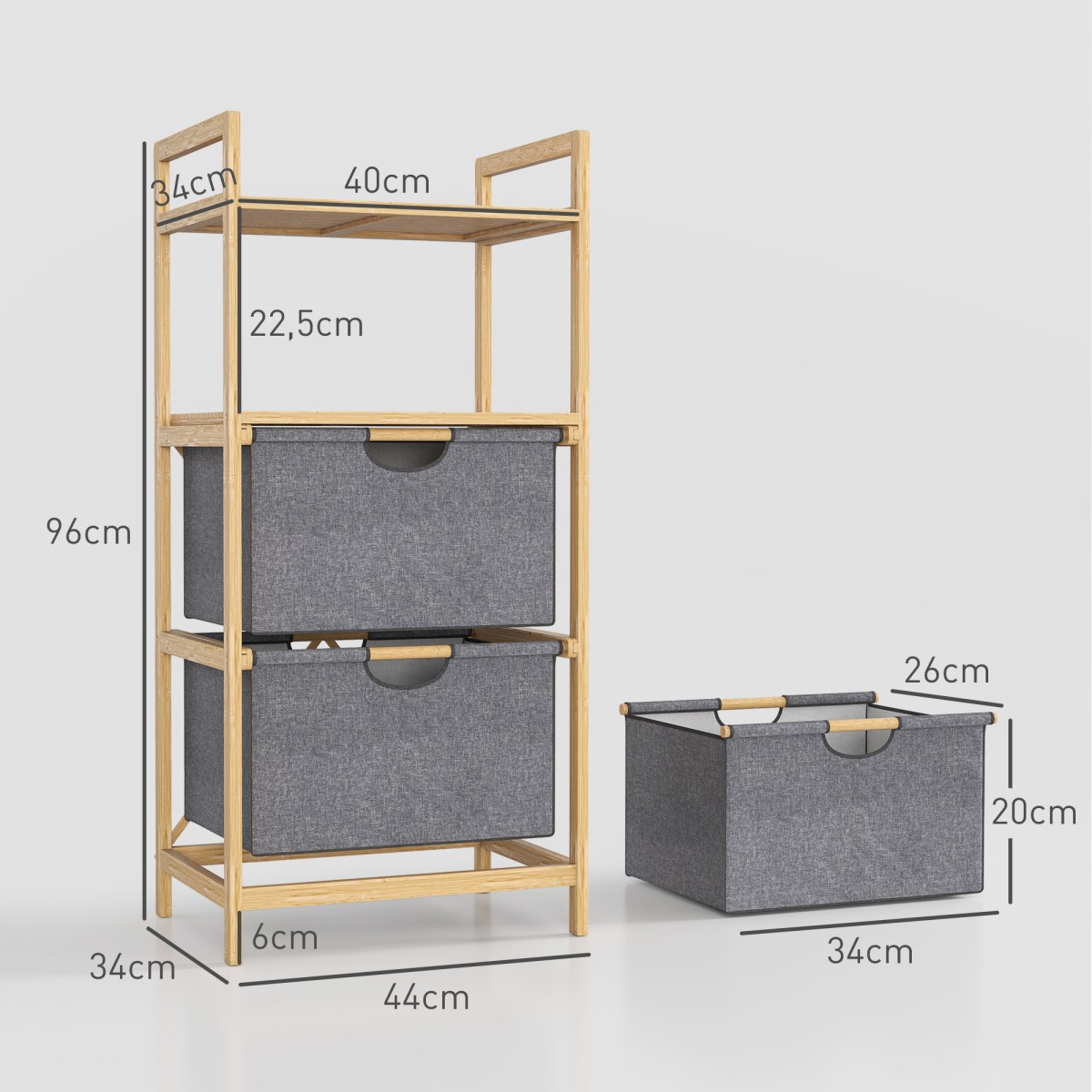 Σχάρα πλυντηρίου μπαμπού με 2 υφασμάτινα καλάθια πλυντηρίου ανοιχτά ράφια εξοικονόμηση χώρου από φυσικό ξύλο