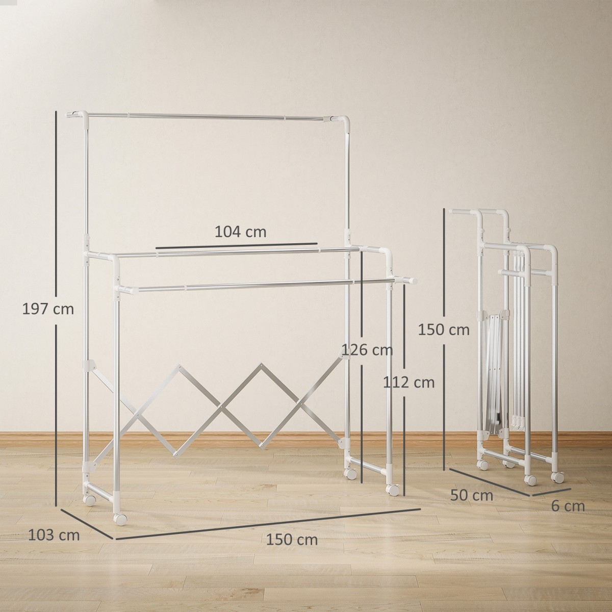 HOMCOM Στεγνωτήριο Ρούχων, Πτυσσόμενο Στεγνωτήριο με 3 Ρυθμιζόμενες Ράγες, Στεγνωτήριο Πύργου από Ανοξείδωτο Ατσάλι με Ρόδες, Στεγνωτήριο Ρούχων για Εσωτερικούς και Εξωτερικούς Χώρους