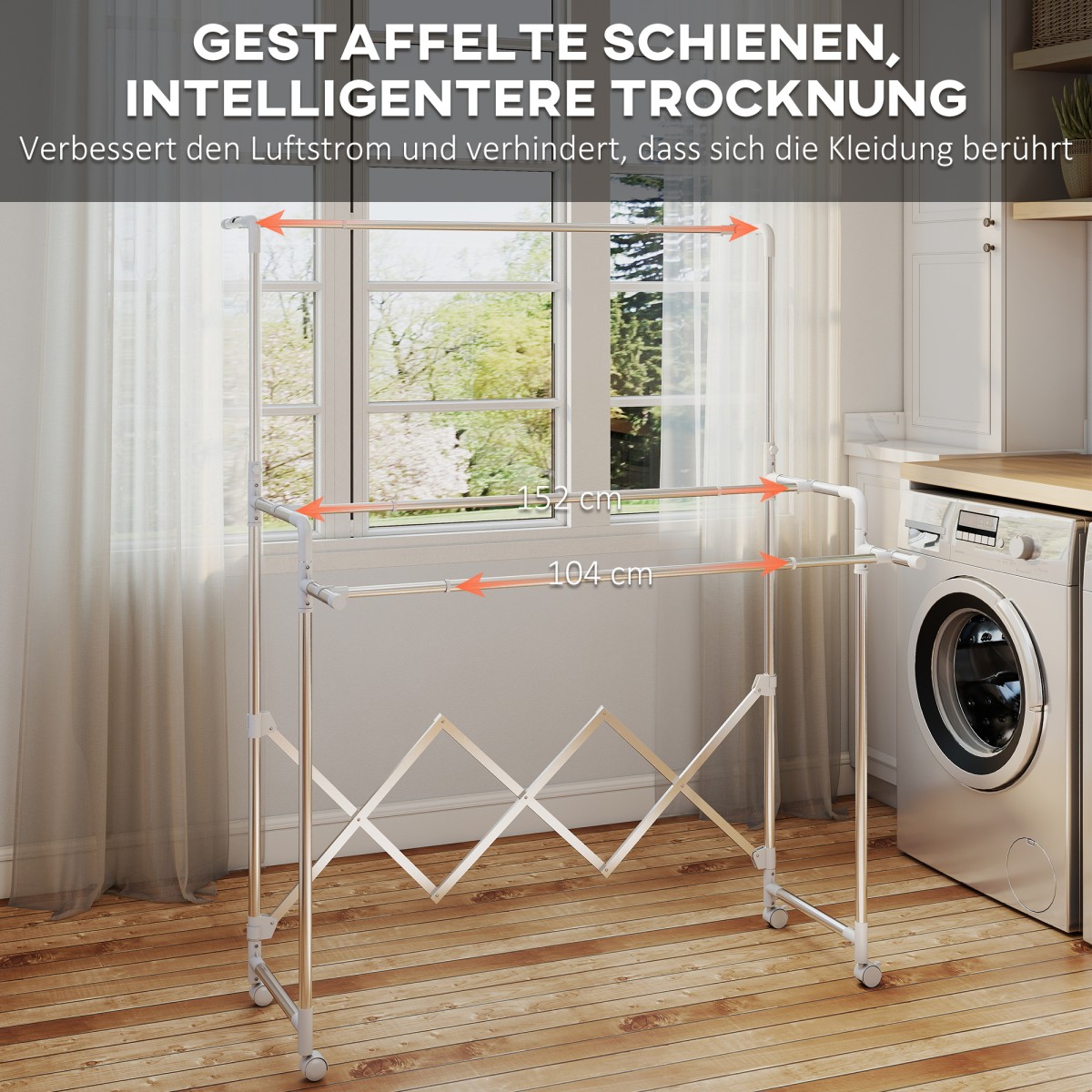 HOMCOM Στεγνωτήριο Ρούχων, Πτυσσόμενο Στεγνωτήριο με 3 Ρυθμιζόμενες Ράγες, Στεγνωτήριο Πύργου από Ανοξείδωτο Ατσάλι με Ρόδες, Στεγνωτήριο Ρούχων για Εσωτερικούς και Εξωτερικούς Χώρους