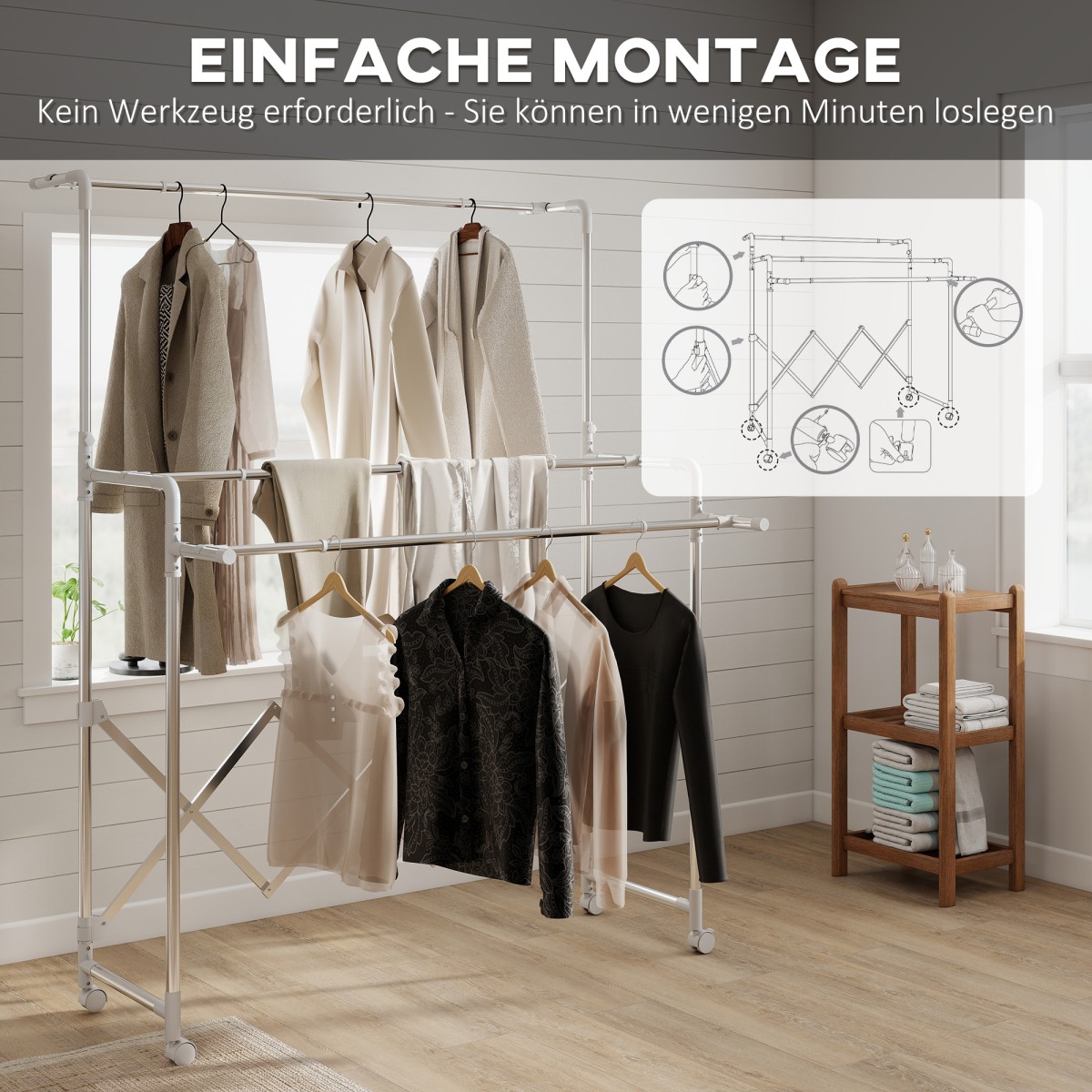 HOMCOM Στεγνωτήριο Ρούχων, Πτυσσόμενο Στεγνωτήριο με 3 Ρυθμιζόμενες Ράγες, Στεγνωτήριο Πύργου από Ανοξείδωτο Ατσάλι με Ρόδες, Στεγνωτήριο Ρούχων για Εσωτερικούς και Εξωτερικούς Χώρους