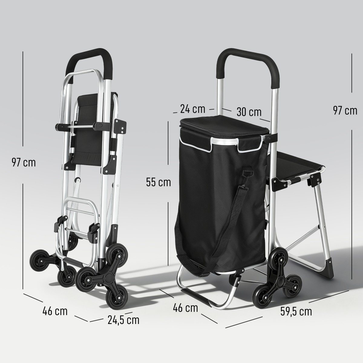 Τρόλεϊ αγορών 40L Oxford Τσάντα 3 τροχών Σχεδιασμός Αλουμινίου Πλαίσιο Κάθισμα Γκρι