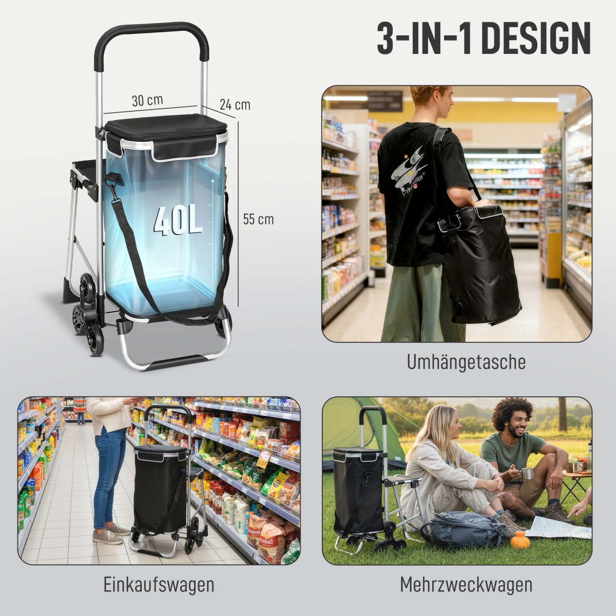 Τρόλεϊ αγορών 40L Oxford Τσάντα 3 τροχών Σχεδιασμός Αλουμινίου Πλαίσιο Κάθισμα Γκρι