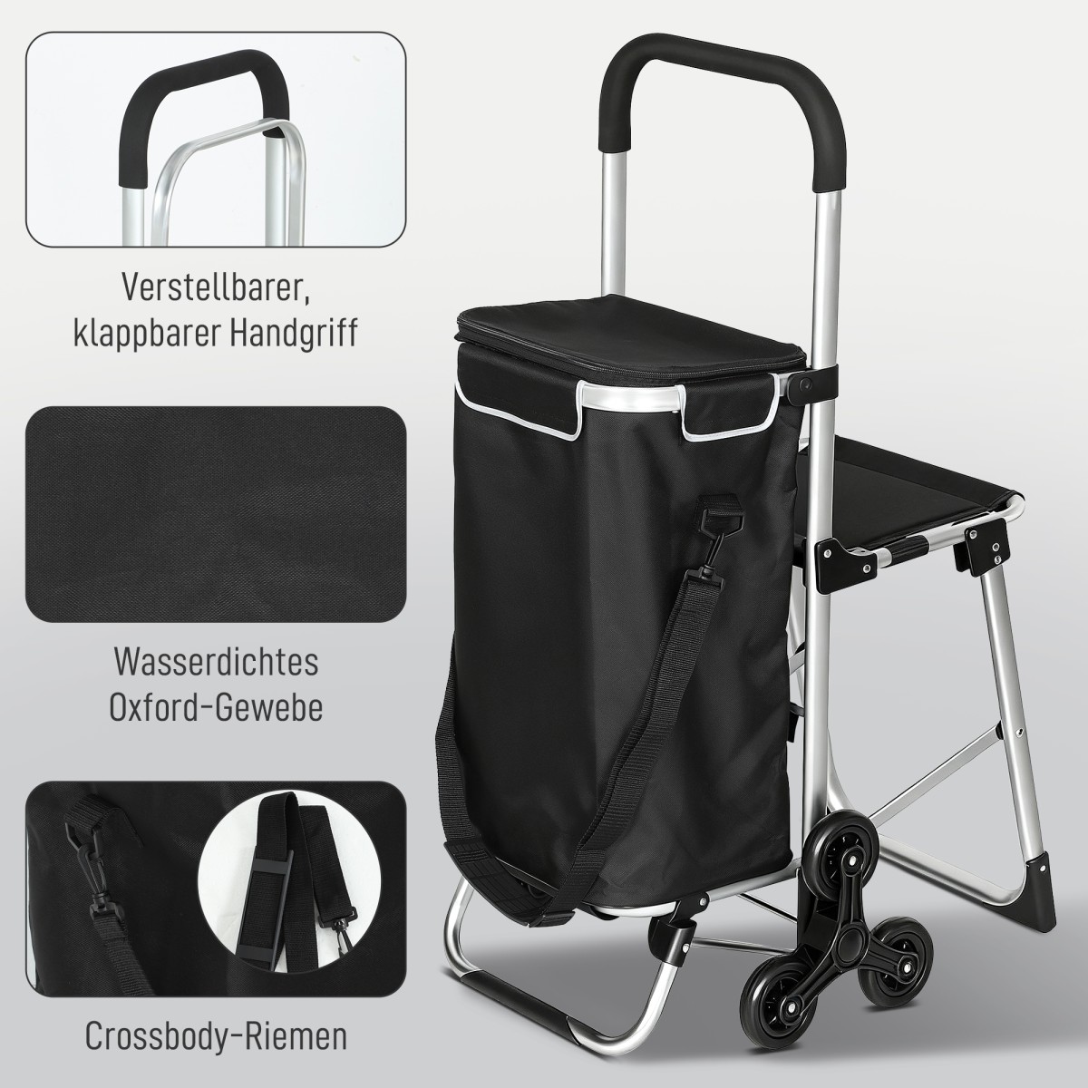 Τρόλεϊ αγορών 40L Oxford Τσάντα 3 τροχών Σχεδιασμός Αλουμινίου Πλαίσιο Κάθισμα Γκρι
