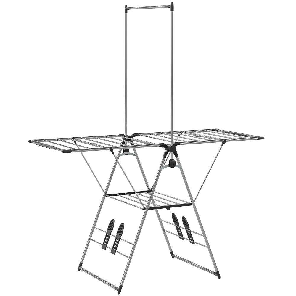 Αναδιπλούμενος αεραγωγός ρούχων με ρυθμιζόμενα φτερά, θήκες για παπούτσια, ανοξείδωτο ατσάλι, 156,5 x 68 x 192 cm, ασημί