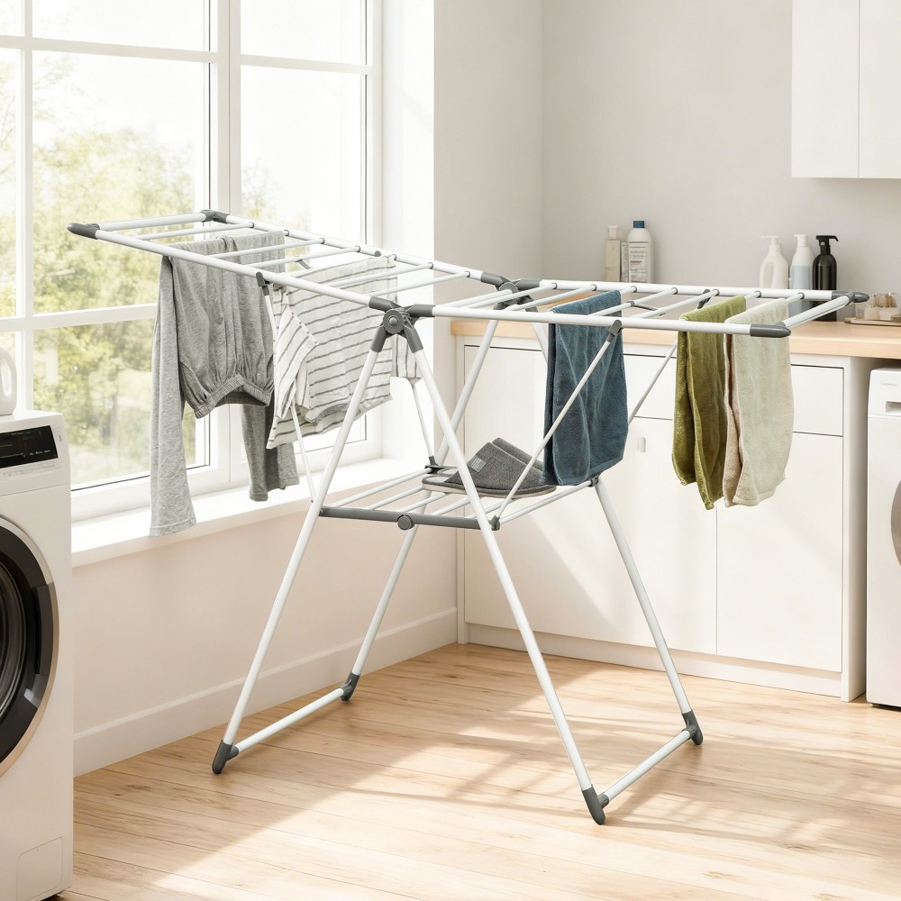Αέρας ρούχων 1.565 μ. Μήκος στεγνώματος Πτυσσόμενο Στεγνωτήριο με 2 Επίπεδα, Ρυθμιζόμενα Φτερά, Φτερωτή Αεροθήκη, Λευκό