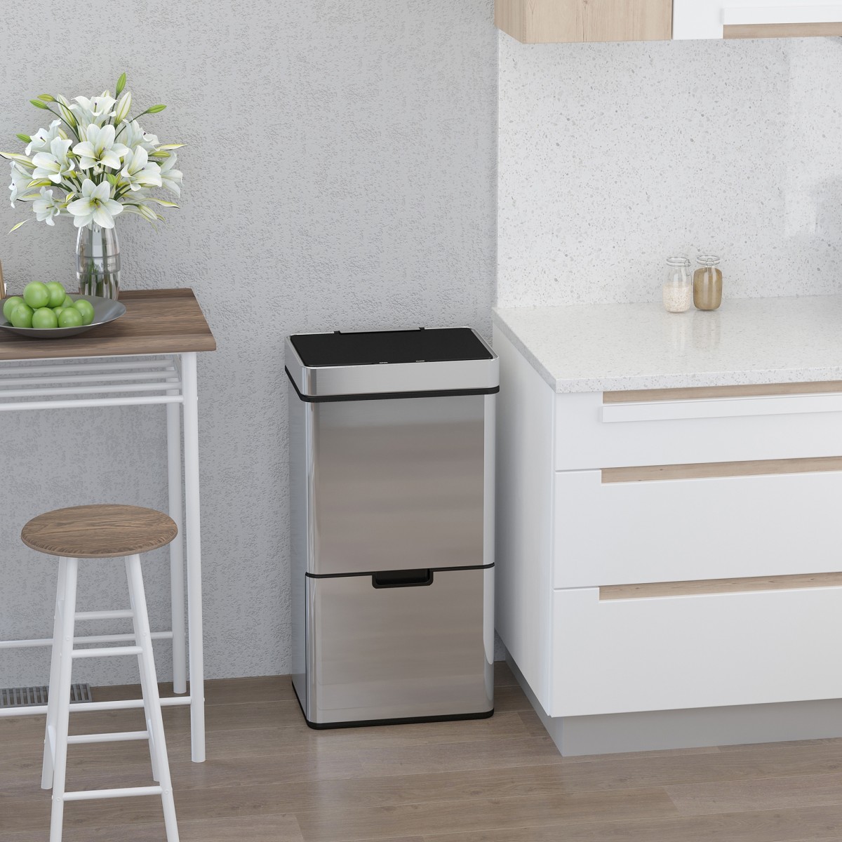 Κάδος σκουπιδιών με αισθητήρα 47L + 2 x 12,5L αυτόματος κάδος απορριμμάτων με αισθητήρα κίνησης, αδιάβροχο σύστημα διαχωρισμού απορριμμάτων από ανοξείδωτο χάλυβα για κουζίνα ασήμι