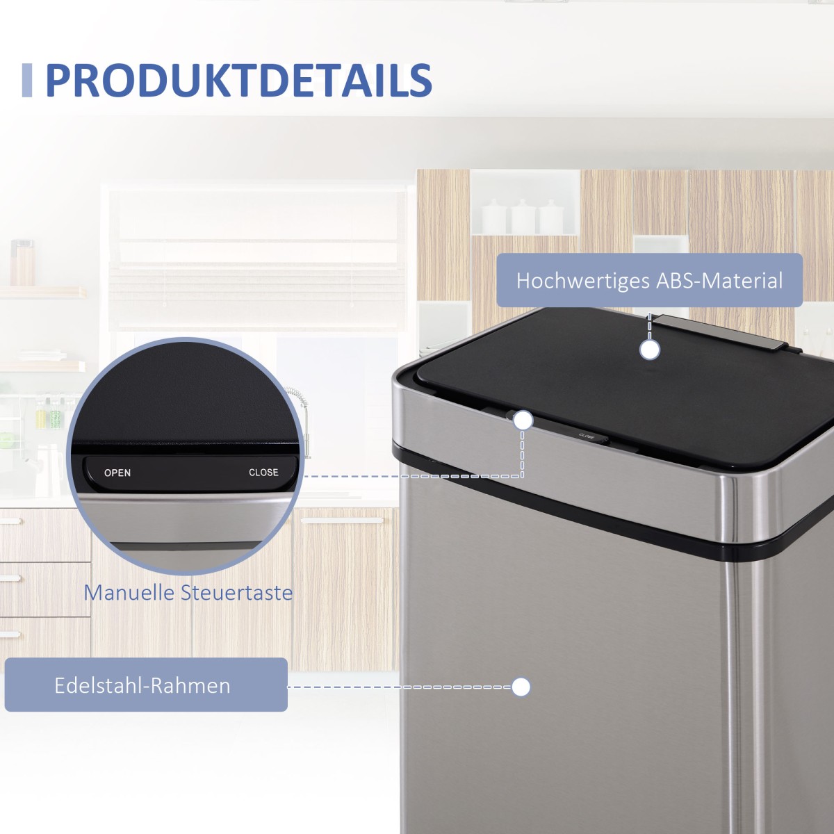 Κάδος σκουπιδιών με αισθητήρα 47L + 2 x 12,5L αυτόματος κάδος απορριμμάτων με αισθητήρα κίνησης, αδιάβροχο σύστημα διαχωρισμού απορριμμάτων από ανοξείδωτο χάλυβα για κουζίνα ασήμι