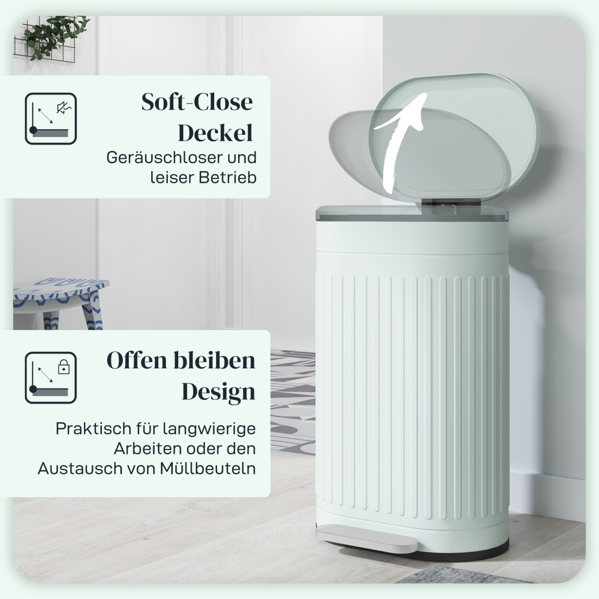 Κάδος σκουπιδιών 30L Κάδος πεντάλ με πεντάλ ποδιού καπακιού αφαιρούμενος εσωτερικός κάδος soft close 36,5 x 31,2 x 60,8 cm, πράσινο