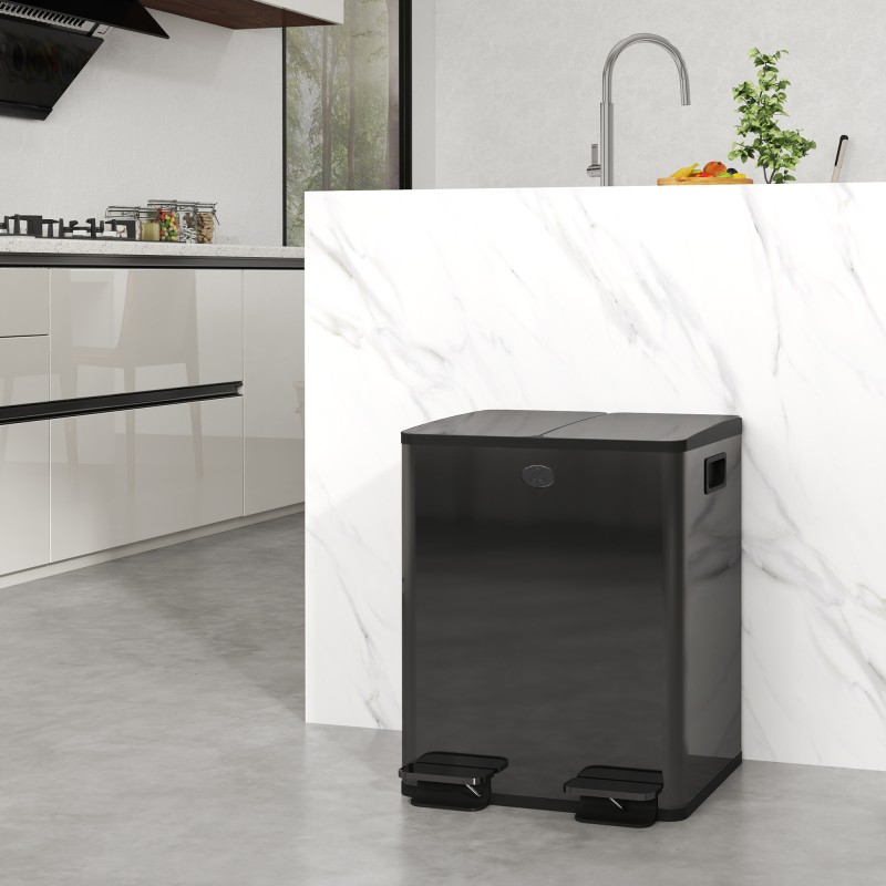 2 x 20L Διπλός Κάδος Απορριμμάτων Άνοιγμα Πεντάλ Easy Clean Πλαστικό από ανοξείδωτο ατσάλι μαύρο