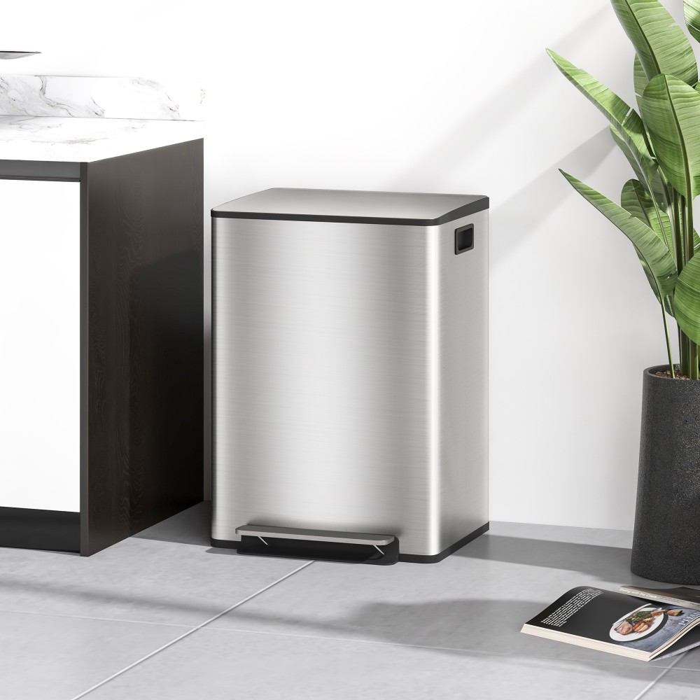 Κάδος απορριμμάτων με θήκες 2x30L, καπάκι με μαλακό κλείσιμο, προστασία από δακτυλικά αποτυπώματα, ανοξείδωτο ατσάλι, ασήμι