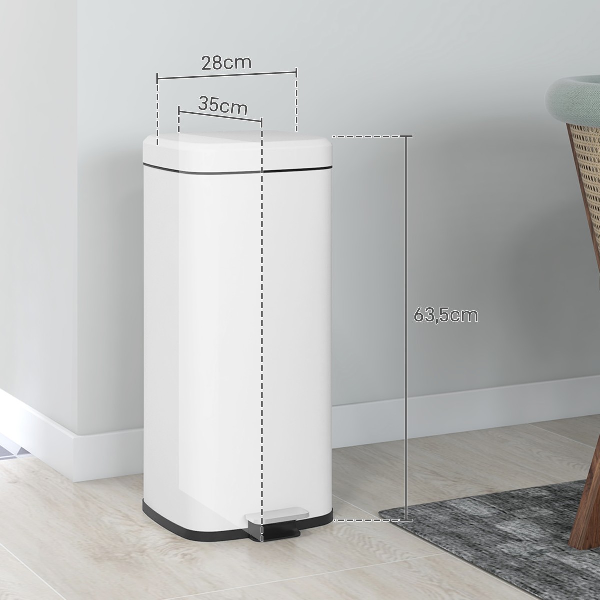 Κάδος απορριμμάτων 30L, μαλακό καπάκι, με προστασία δακτυλικών αποτυπωμάτων, πεντάλ ποδιού, μεταλλικό/πλαστικό, 28x35x63,5 cm, λευκό