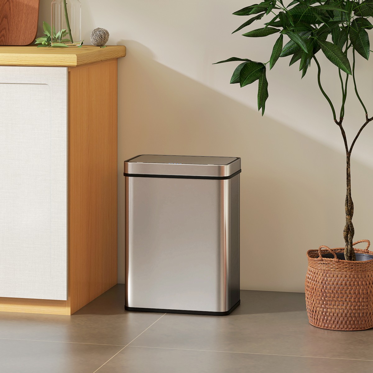 Αυτόματο καπάκι κάδου απορριμμάτων αισθητήρα 50 λίτρων από ανοξείδωτο ατσάλι πολλαπλών χρήσεων Ασημί