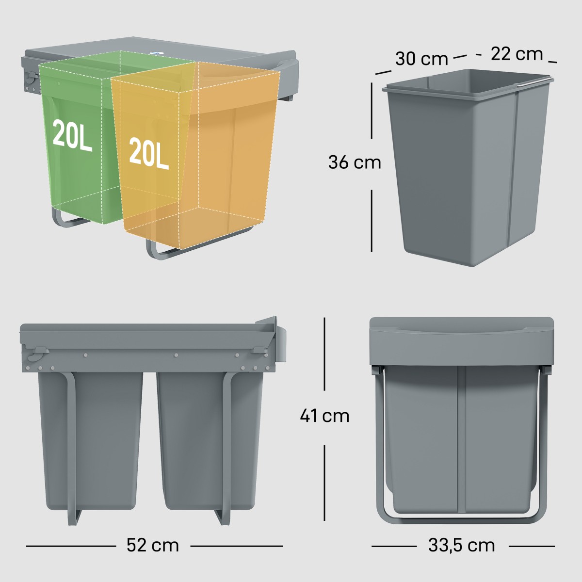 Επεκτάσιμος Κάδος Απορριμμάτων 2 x 20L Αφαιρούμενα δοχεία Πλαστικό Μεταλλικό Γκρι