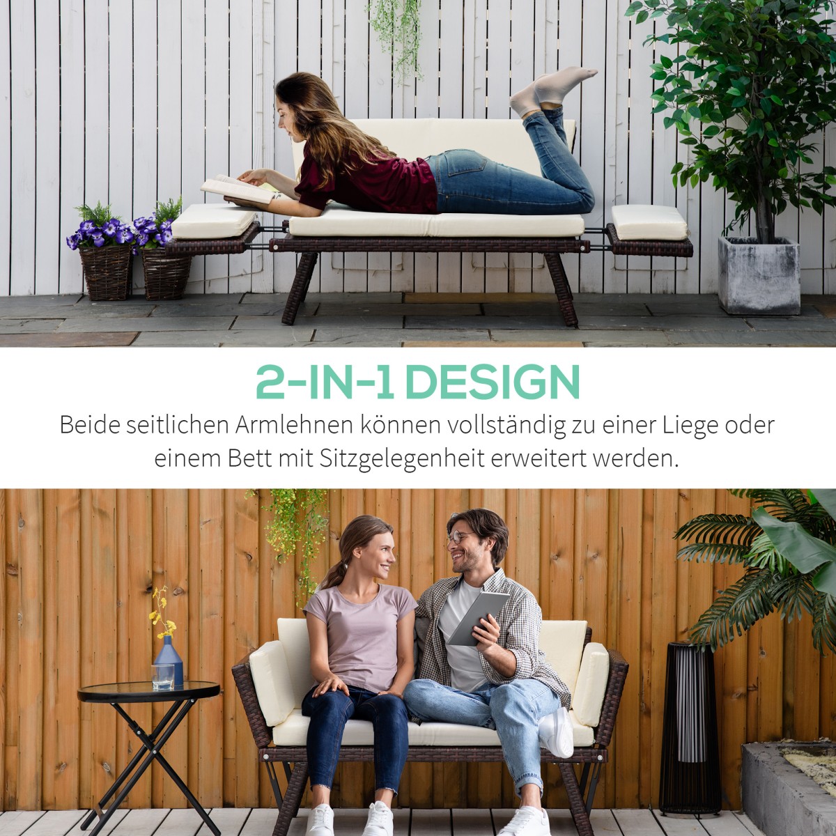 Καναπές κήπου Polyrattan 2 θέσεων έπιπλα κήπου καναπές σαλονιού πάγκος κήπου ξαπλώστρα κήπου πτυσσόμενα υποβραχιόνια ατσάλινο καφέ 129 x 63 x 67 cm