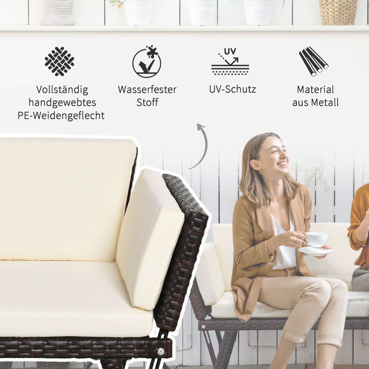 Καναπές κήπου Polyrattan 2 θέσεων έπιπλα κήπου καναπές σαλονιού πάγκος κήπου ξαπλώστρα κήπου πτυσσόμενα υποβραχιόνια ατσάλινο καφέ 129 x 63 x 67 cm