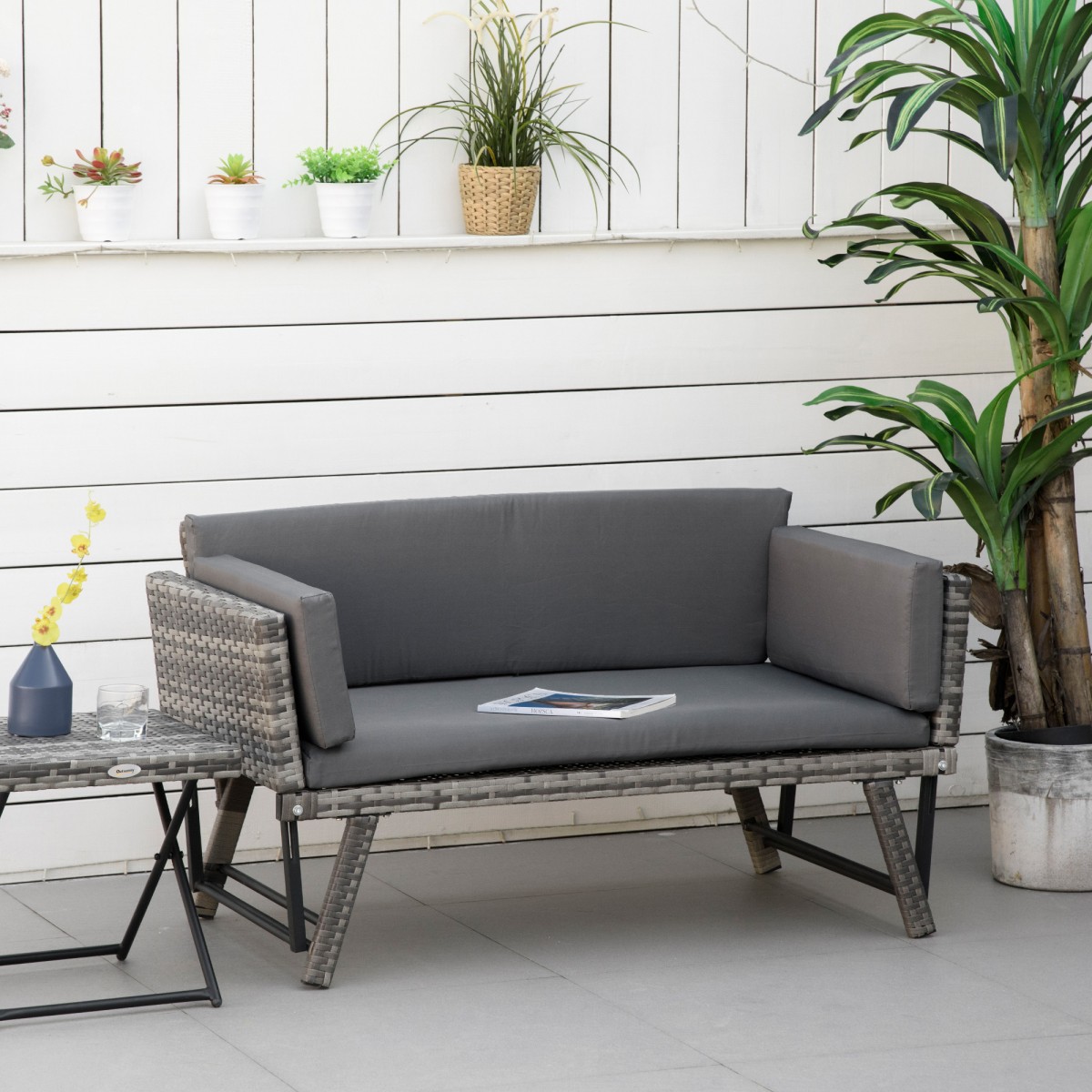 Καναπές κήπου Polyrattan 2θέσια έπιπλα κήπου καναπές σαλονιού πάγκος κήπου ξαπλώστρα κήπου πτυσσόμενα υποβραχιόνια ατσάλινο γκρι 129 x 63 x 67 cm