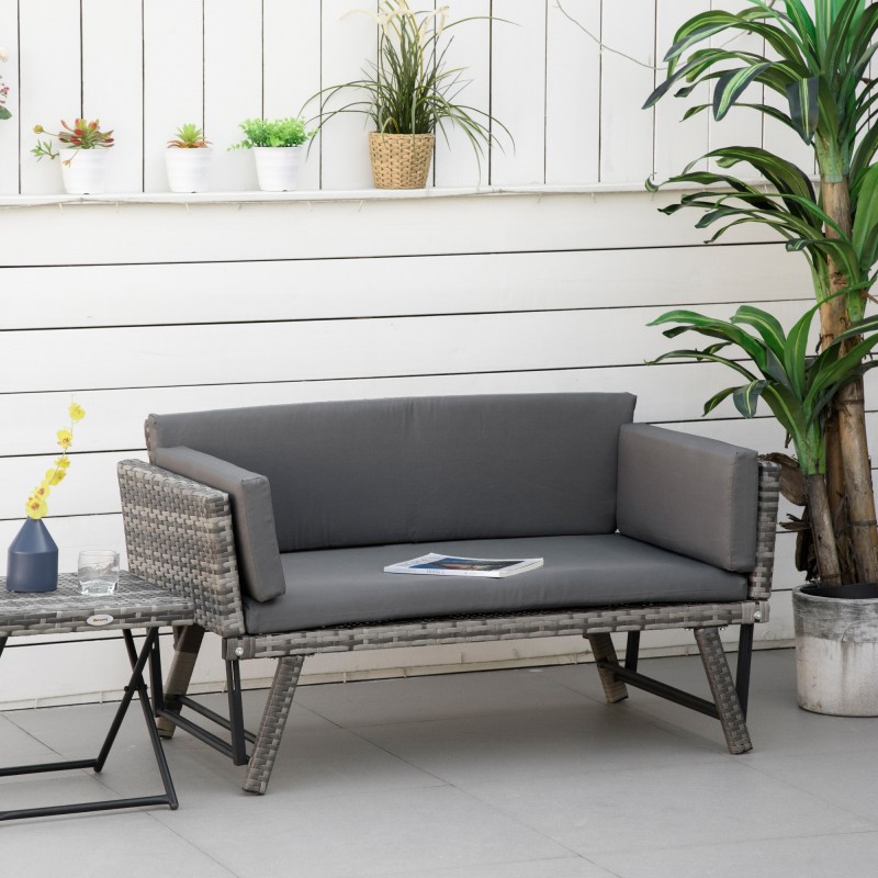 Καναπές κήπου Polyrattan 2θέσια έπιπλα κήπου καναπές σαλονιού πάγκος κήπου ξαπλώστρα κήπου πτυσσόμενα υποβραχιόνια ατσάλινο γκρι 129 x 63 x 67 cm