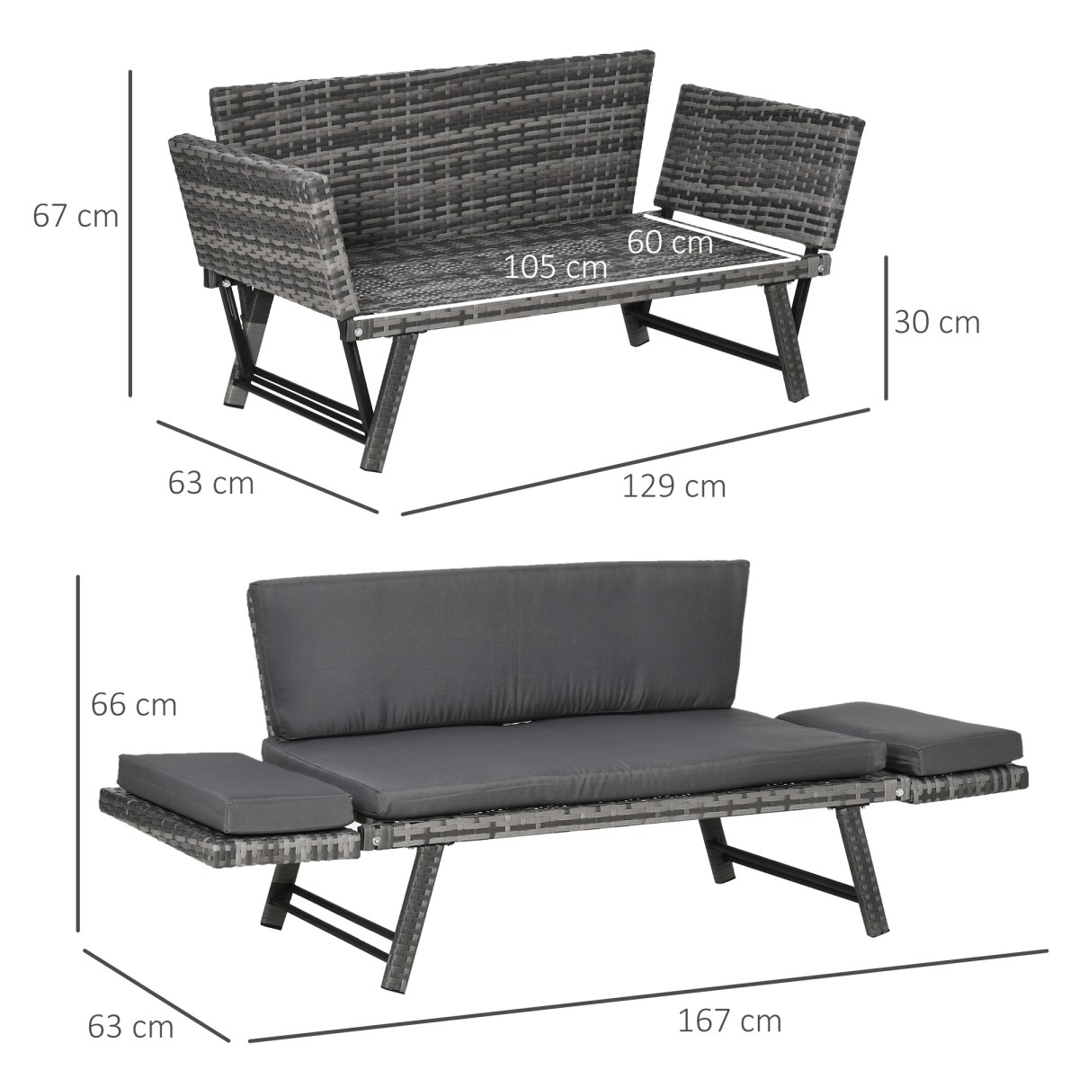 Καναπές κήπου Polyrattan 2θέσια έπιπλα κήπου καναπές σαλονιού πάγκος κήπου ξαπλώστρα κήπου πτυσσόμενα υποβραχιόνια ατσάλινο γκρι 129 x 63 x 67 cm
