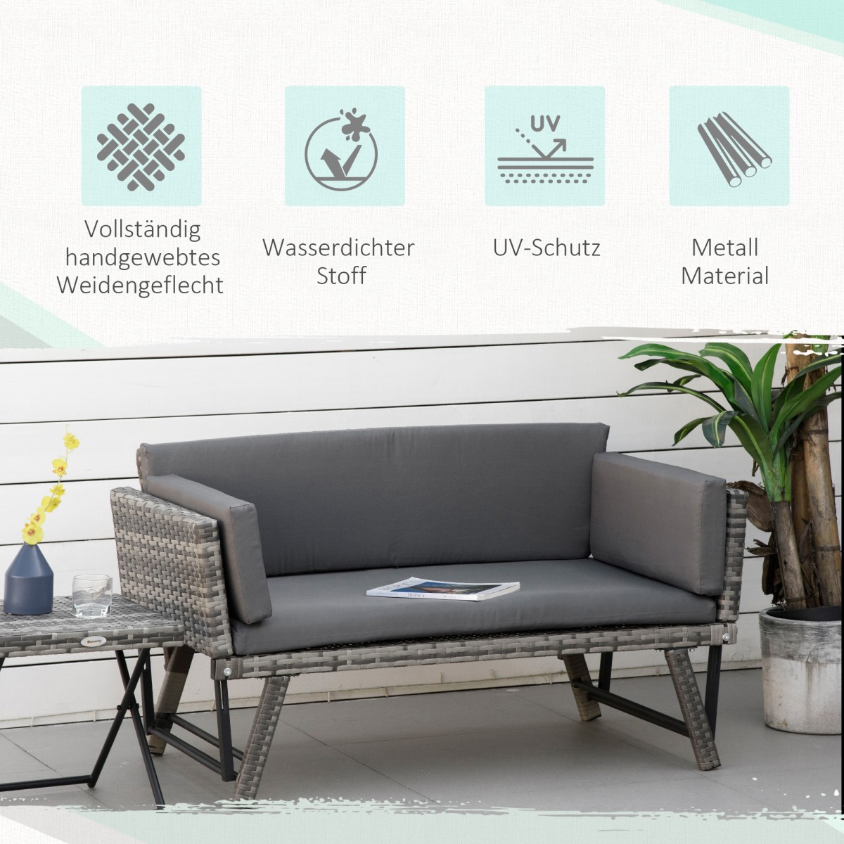 Καναπές κήπου Polyrattan 2θέσια έπιπλα κήπου καναπές σαλονιού πάγκος κήπου ξαπλώστρα κήπου πτυσσόμενα υποβραχιόνια ατσάλινο γκρι 129 x 63 x 67 cm
