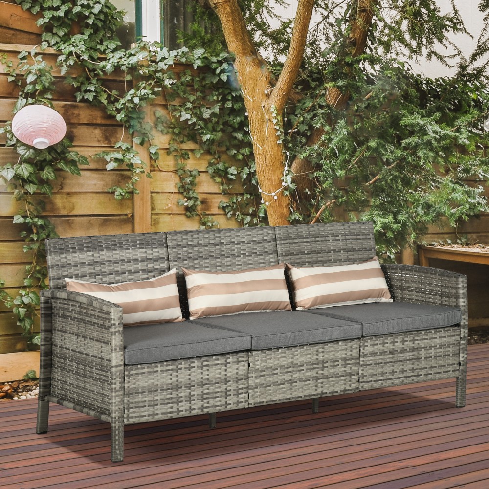 Καναπές Rattan με Μαξιλάρια, Τριθέσιος Καναπές Garden Lounge, Ατσάλι, Γκρι, 173 x 68 x 78 cm