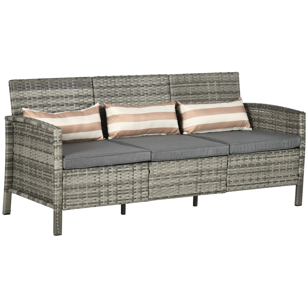 Καναπές Rattan με Μαξιλάρια, Τριθέσιος Καναπές Garden Lounge, Ατσάλι, Γκρι, 173 x 68 x 78 cm