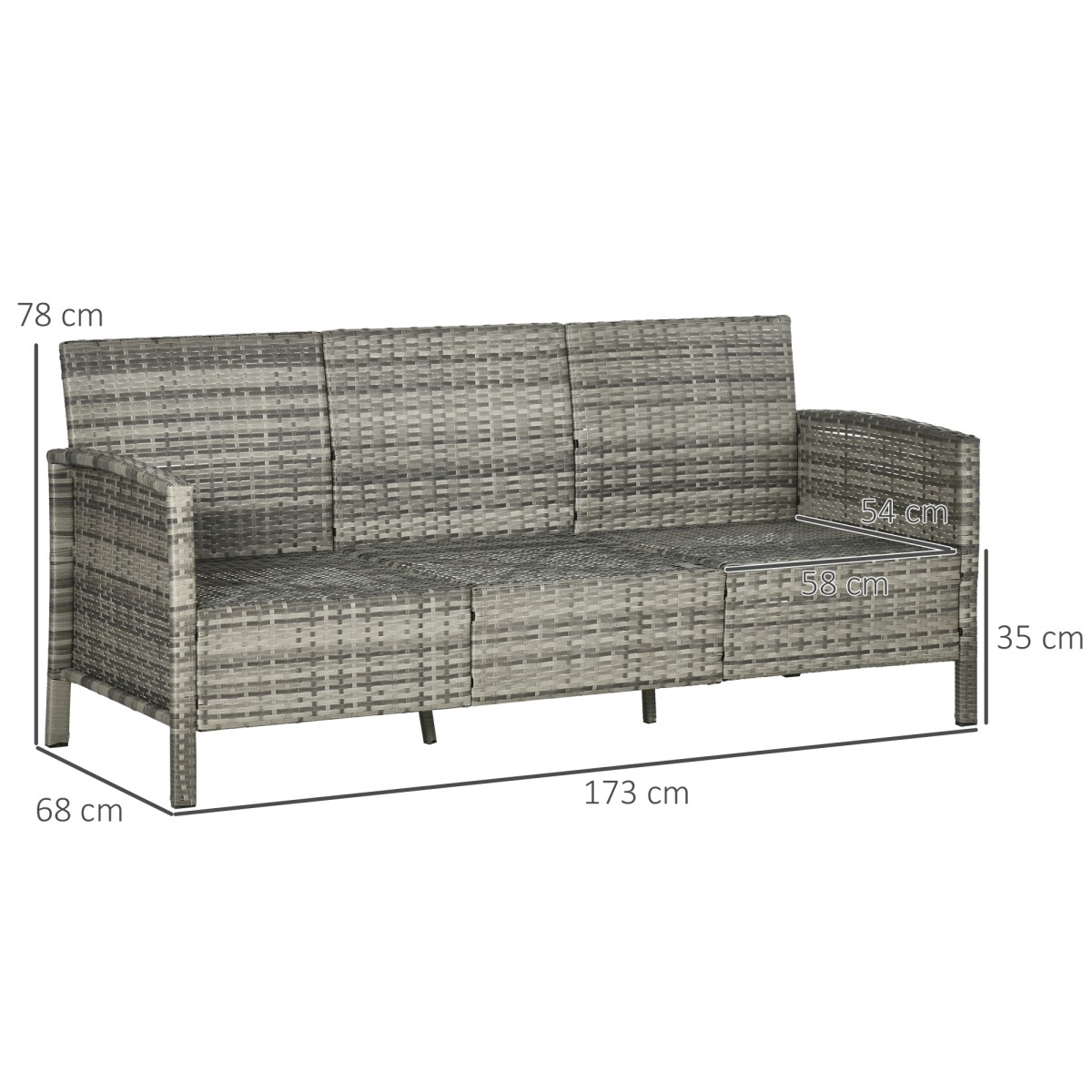 Καναπές Rattan με Μαξιλάρια, Τριθέσιος Καναπές Garden Lounge, Ατσάλι, Γκρι, 173 x 68 x 78 cm