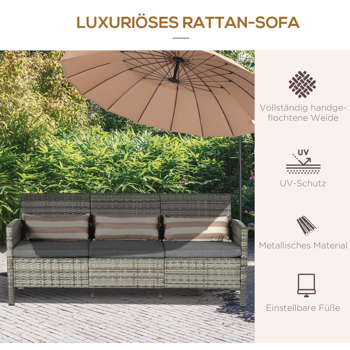 Καναπές Rattan με Μαξιλάρια, Τριθέσιος Καναπές Garden Lounge, Ατσάλι, Γκρι, 173 x 68 x 78 cm
