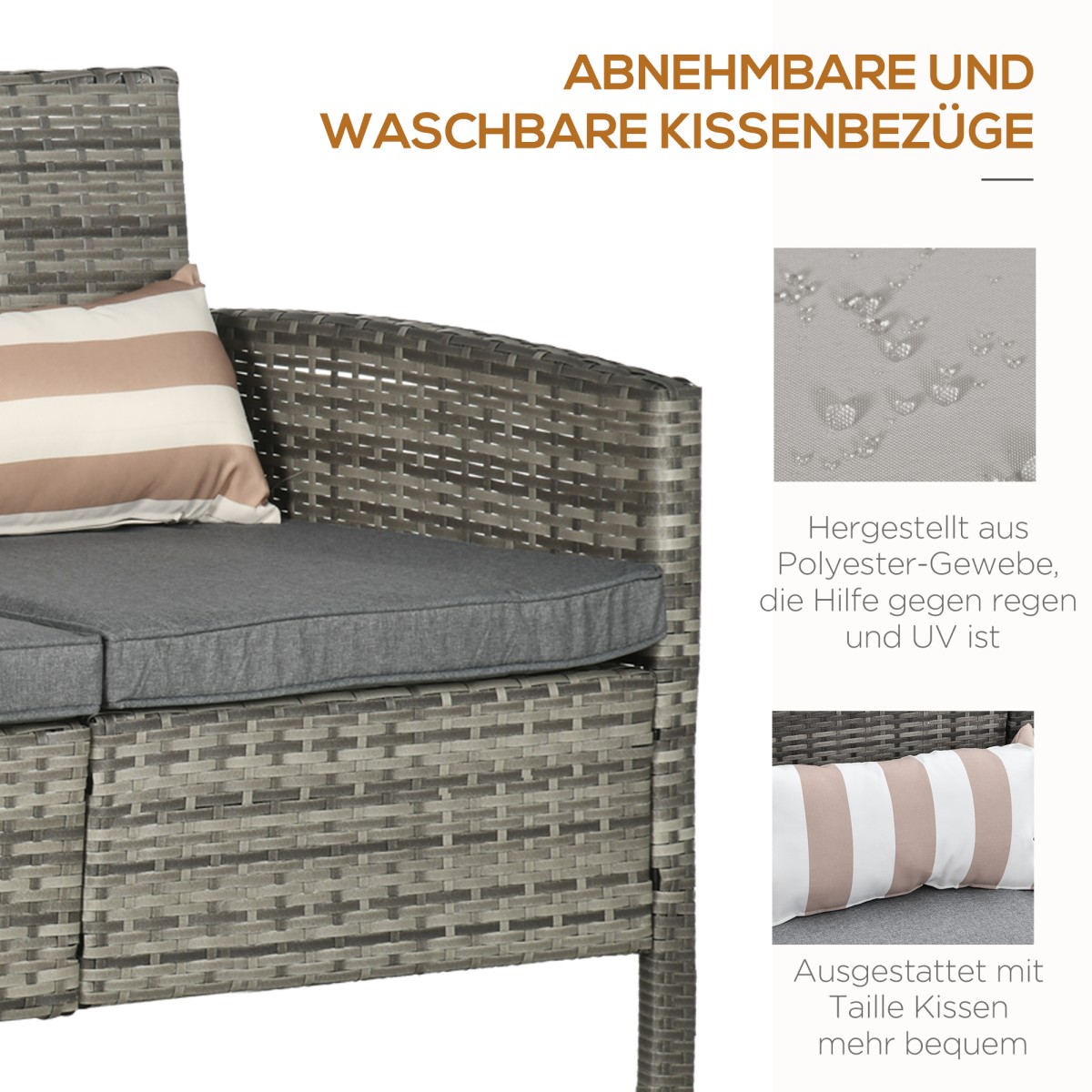 Καναπές Rattan με Μαξιλάρια, Τριθέσιος Καναπές Garden Lounge, Ατσάλι, Γκρι, 173 x 68 x 78 cm