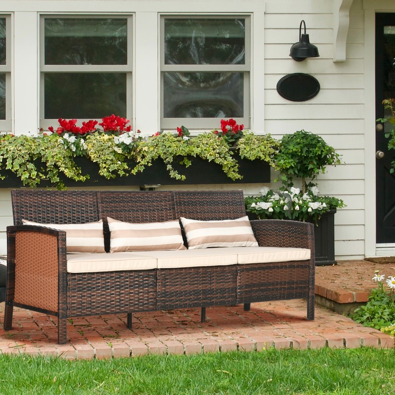 Καναπές Rattan με μαξιλάρια, τριθέσιος, καναπές lounge κήπου, ατσάλι, καφέ, 173 x 68 x 78 cm