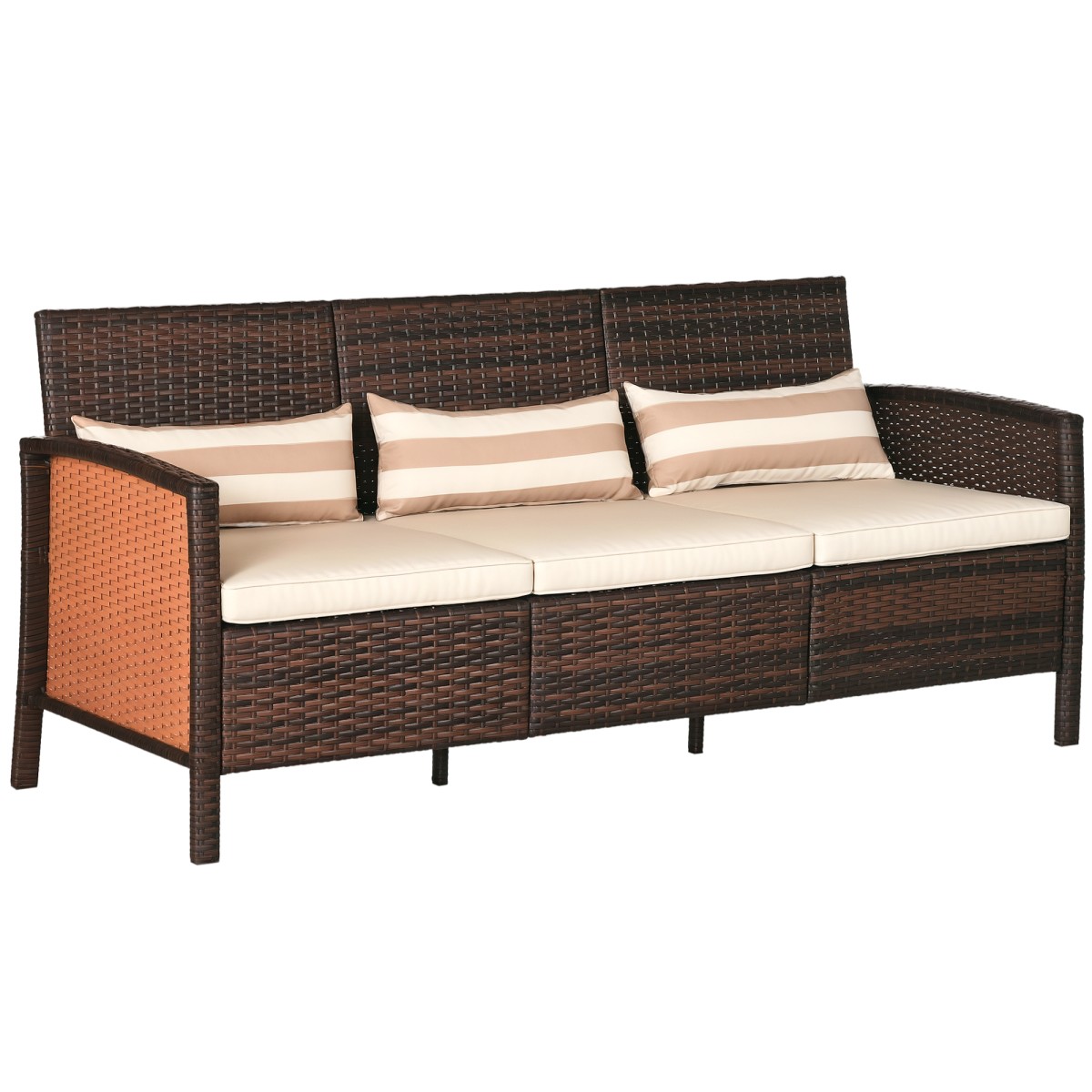 Καναπές Rattan με μαξιλάρια, τριθέσιος, καναπές lounge κήπου, ατσάλι, καφέ, 173 x 68 x 78 cm