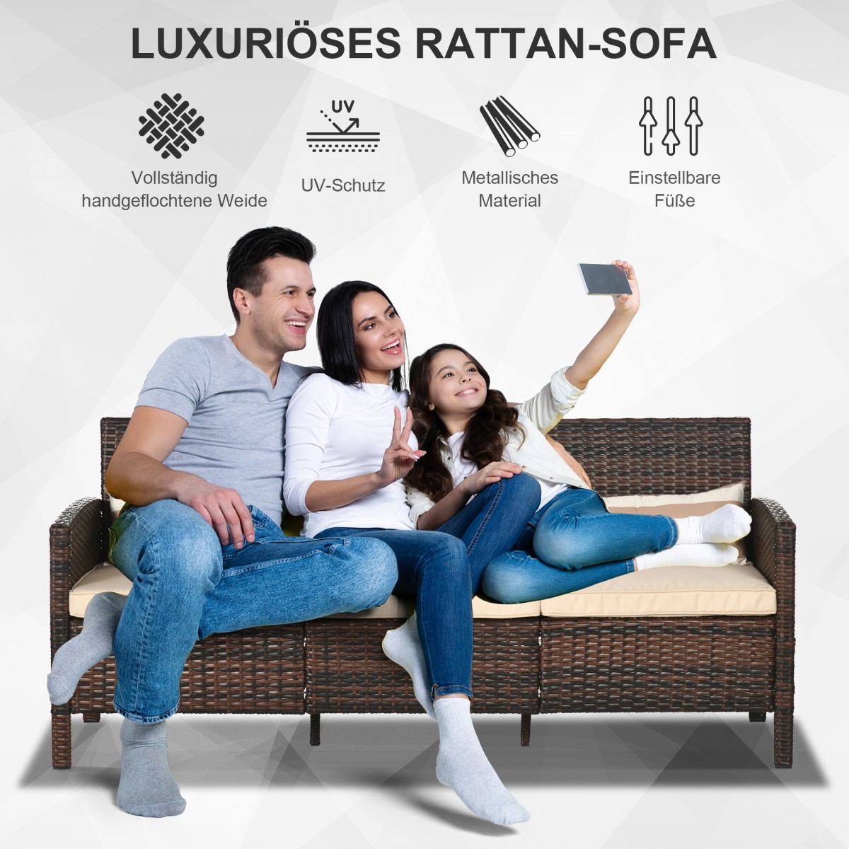 Καναπές Rattan με μαξιλάρια, τριθέσιος, καναπές lounge κήπου, ατσάλι, καφέ, 173 x 68 x 78 cm
