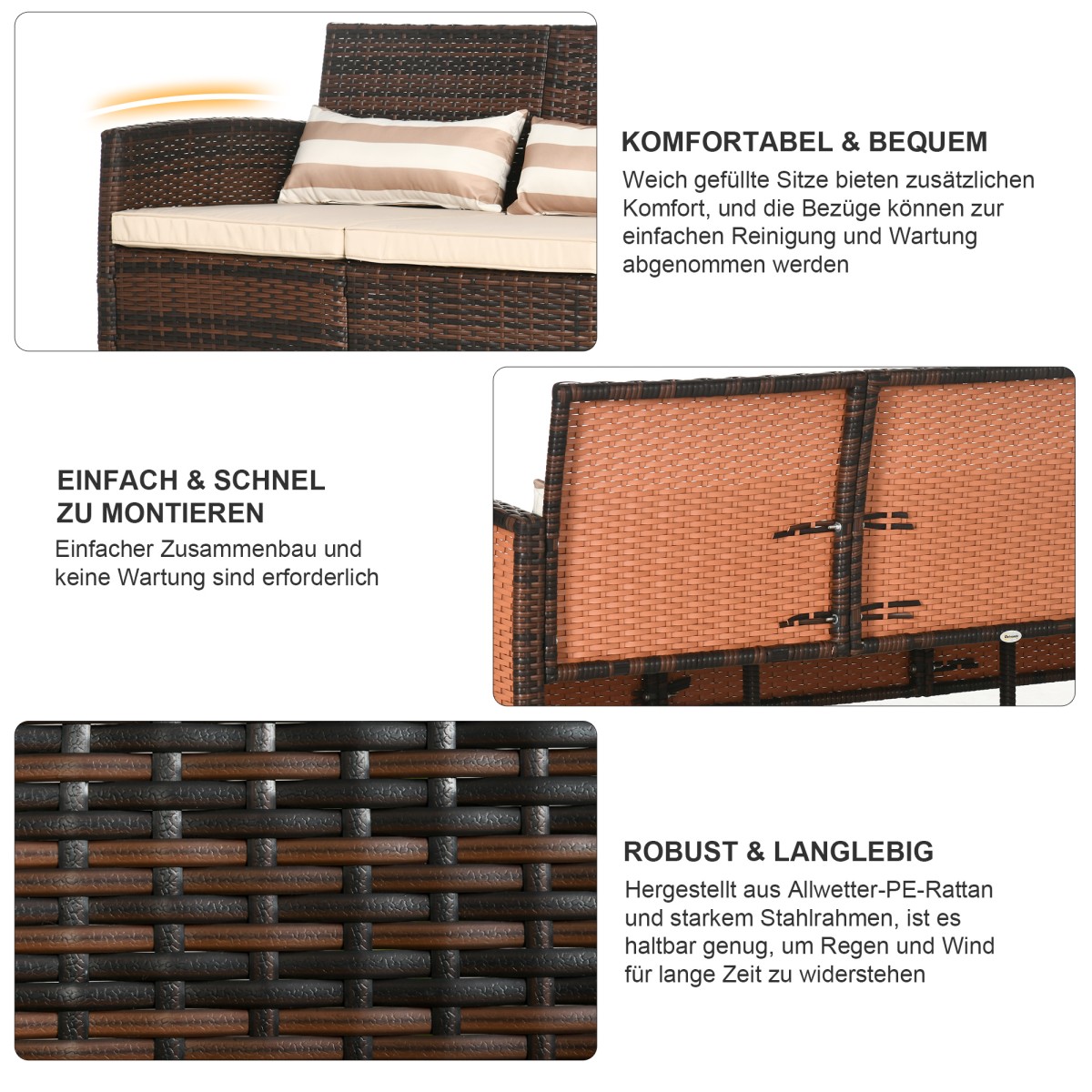 Καναπές Rattan με μαξιλάρια, τριθέσιος, καναπές lounge κήπου, ατσάλι, καφέ, 173 x 68 x 78 cm