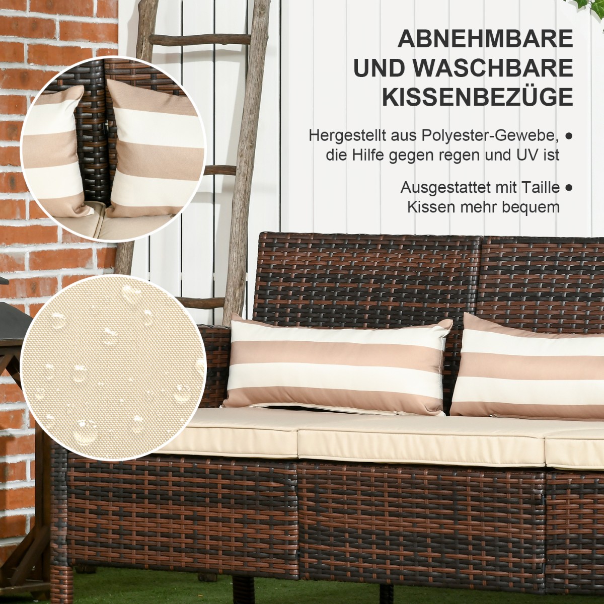 Καναπές Rattan με μαξιλάρια, τριθέσιος, καναπές lounge κήπου, ατσάλι, καφέ, 173 x 68 x 78 cm