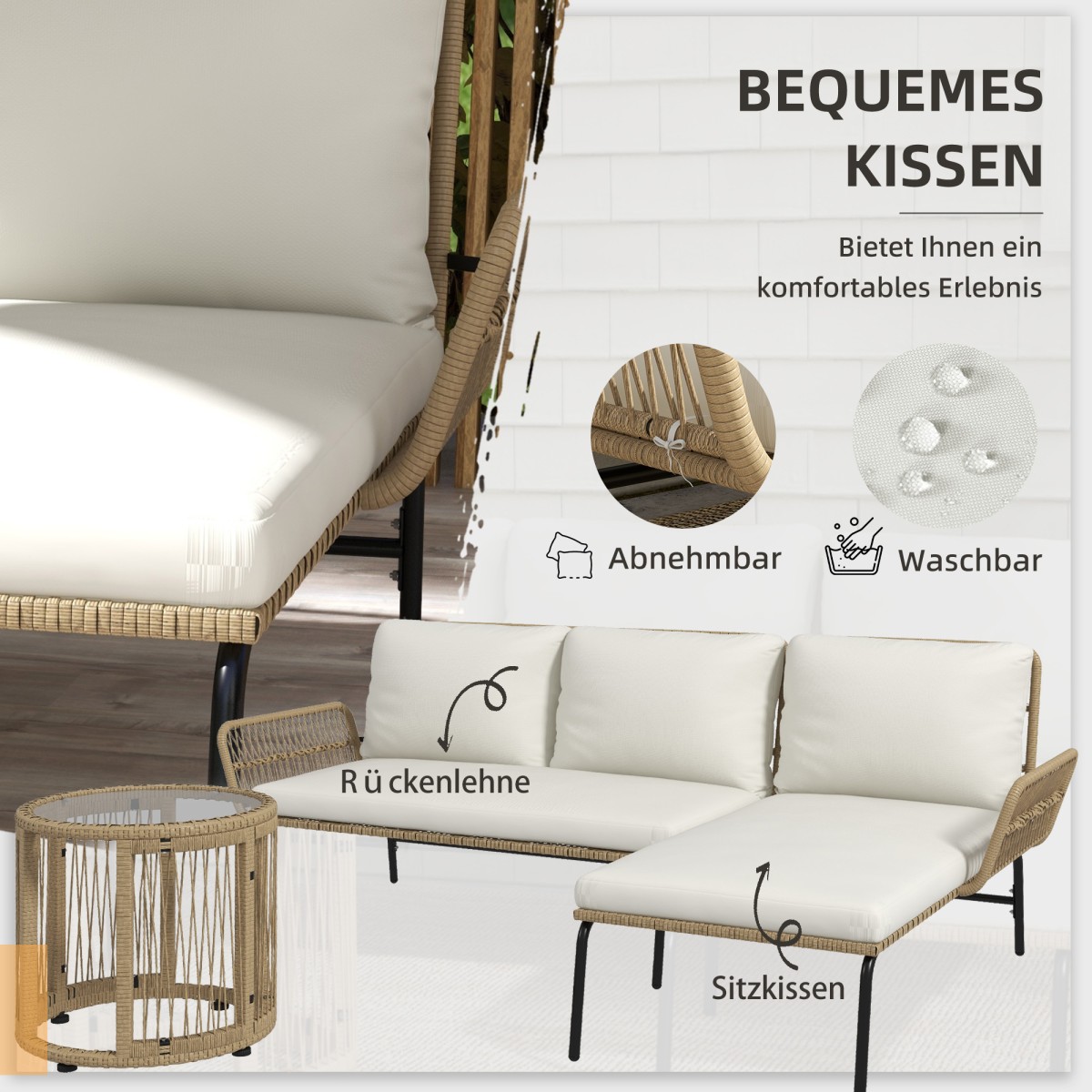 Σετ επίπλων σαλονιού για ομαδικά καθίσματα κήπου, PE rattan, 122 x 79 x 75 cm, φυσικό + κρεμ λευκό