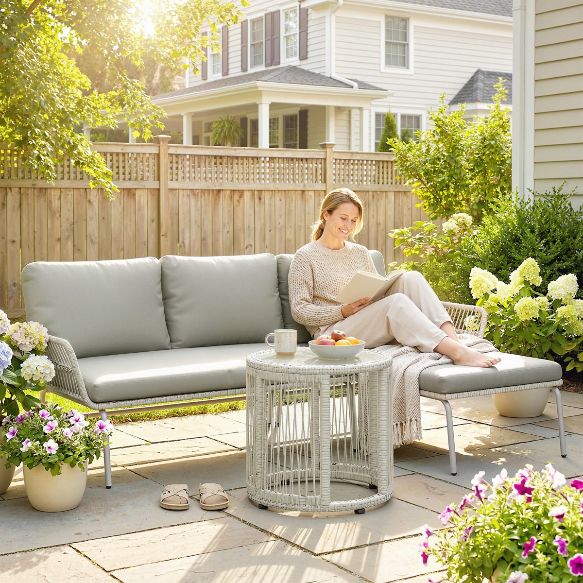 Σετ επίπλων κήπου Polyrattan, 3 τεμαχίων, σετ σαλονιού με σεζλόνγκ, διθέσιος καναπές, γυάλινο τραπέζι, αποσπώμενα μαξιλάρια