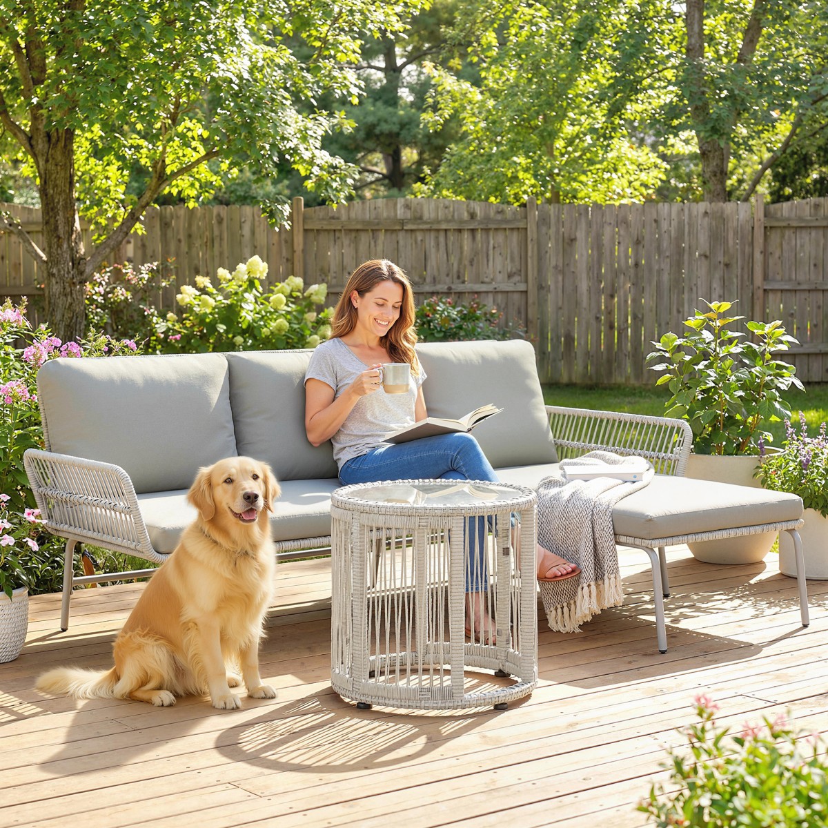 Σετ επίπλων κήπου Polyrattan, 3 τεμαχίων, σετ σαλονιού με σεζλόνγκ, διθέσιος καναπές, γυάλινο τραπέζι, αποσπώμενα μαξιλάρια