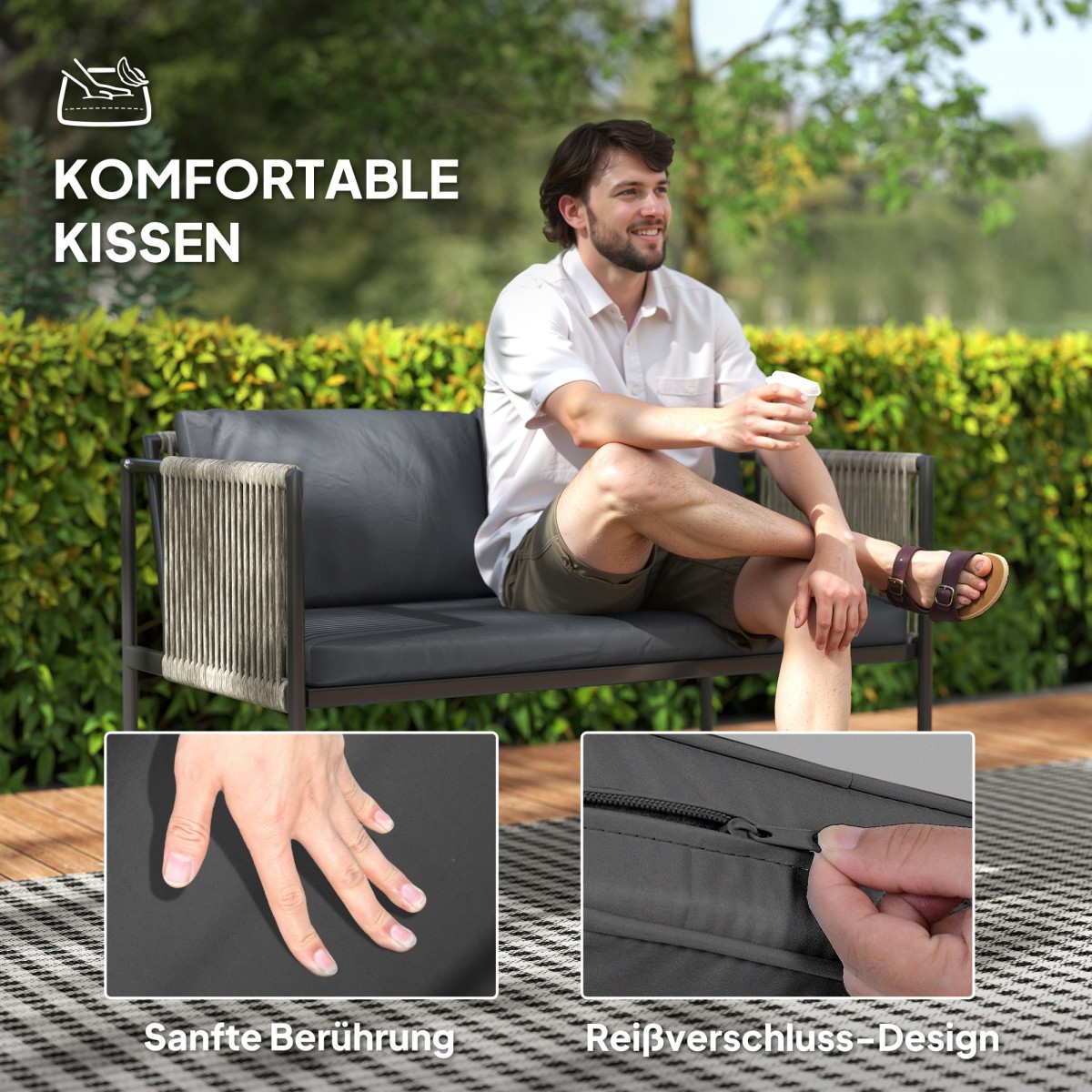 Σετ επίπλων κήπου 4 τεμαχίων, 1 καναπές, 2 πολυθρόνες, 1 τραπέζι με γυάλινη επιφάνεια, μαξιλάρια, ατσάλινο σκελετό, πλαστικό μπαστούνι, γκρι