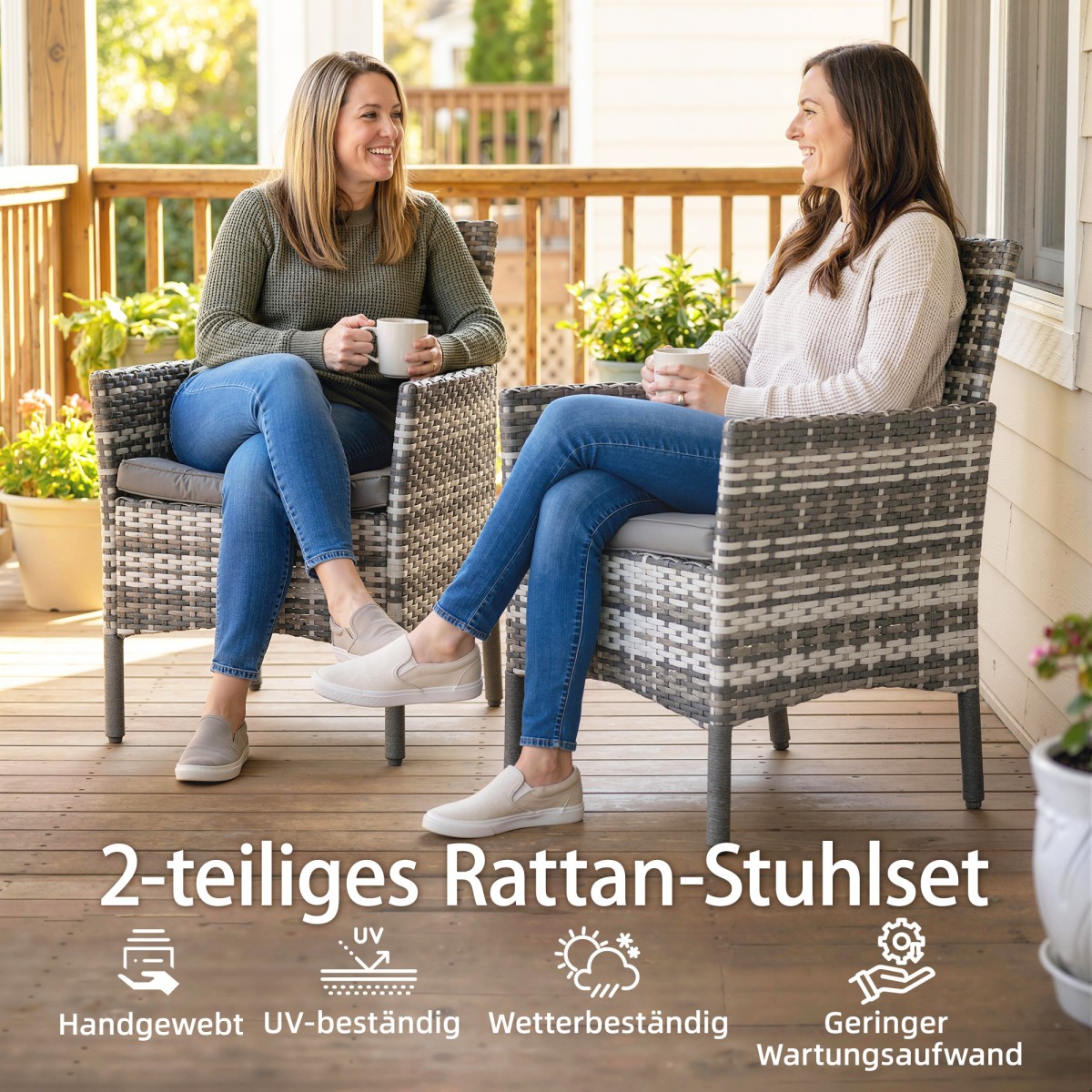 Σετ 2 καρέκλες κήπου έπιπλα κήπου polyrattan με 2 πολυθρόνες αφαιρούμενα μαξιλάρια ατσάλινο σκελετό γκρι