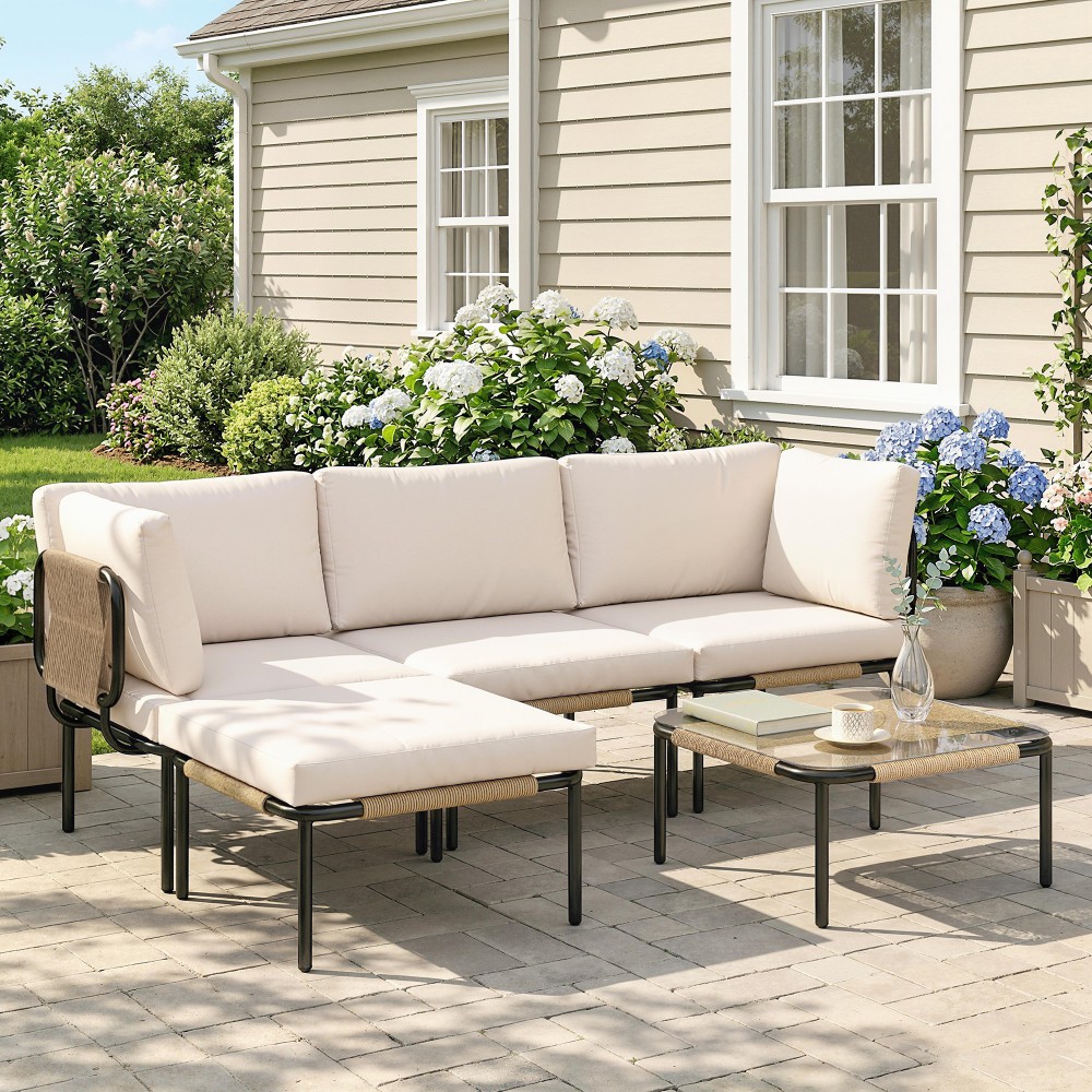 Σετ επίπλων κήπου Polyrattan 5 τεμαχίων με 2 γωνιακές καρέκλες, 2 σκαμπό και αποσπώμενο μαξιλάρι χακί σε τραπεζάκι και βαθύ κάθισμα