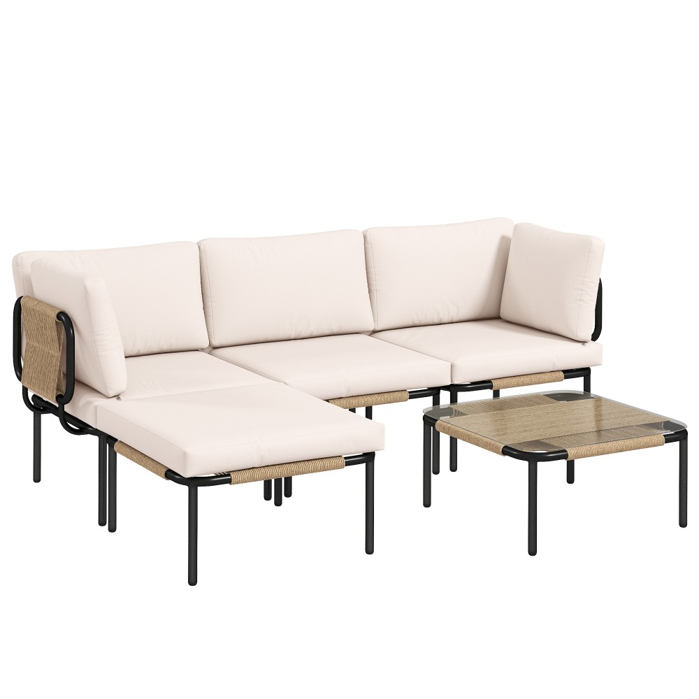 Σετ επίπλων κήπου Polyrattan 5 τεμαχίων με 2 γωνιακές καρέκλες, 2 σκαμπό και αποσπώμενο μαξιλάρι χακί σε τραπεζάκι και βαθύ κάθισμα