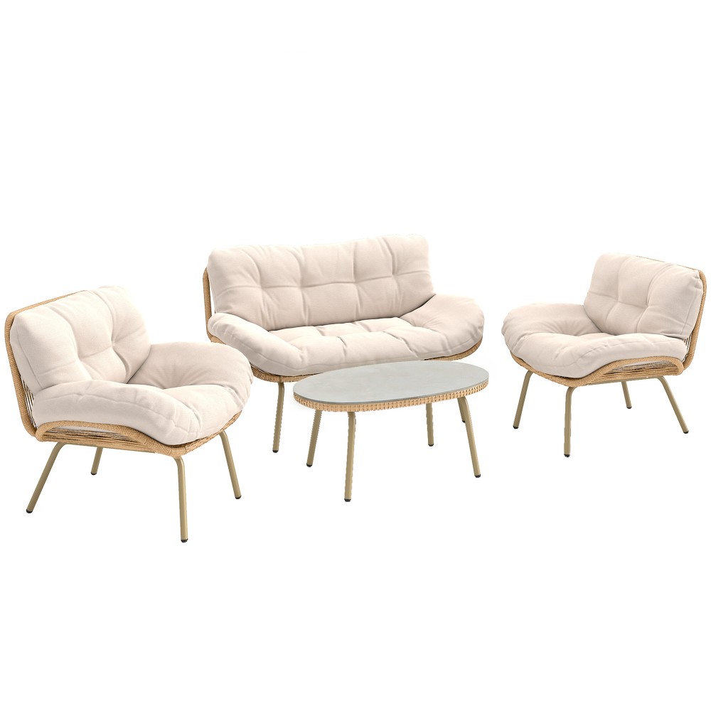 Σετ επίπλων κήπου Σετ σαλονιού πολυρατάν 4 τεμαχίων με διθέσιο, 2 πολυθρόνες, τραπέζι, βαθύ κάθισμα, χοντρά μαξιλάρια