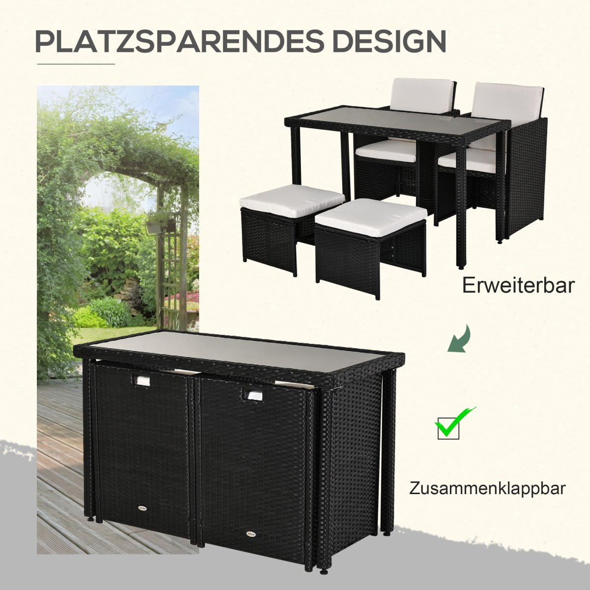 Ομάδα καθισμάτων Polyrattan, τραπεζαρία, σετ κήπου, 11 τεμαχίων με μαύρα μαξιλάρια