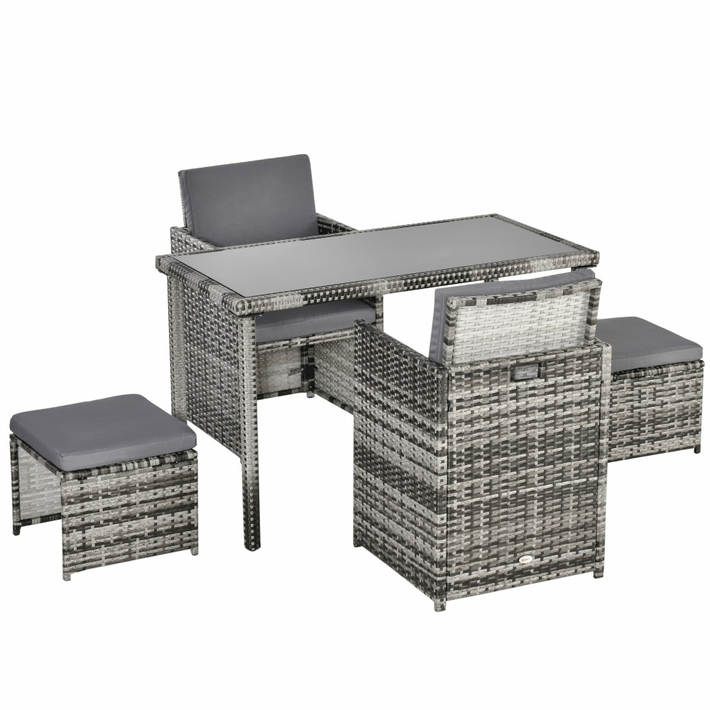 Ομάδα καθισμάτων Polyrattan για 4 άτομα, τραπεζαρία, σετ κήπου με μαξιλάρια, γκρι