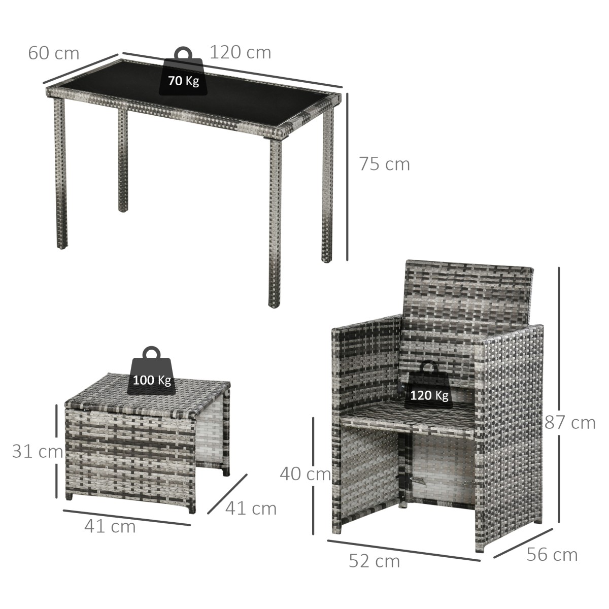 Ομάδα καθισμάτων Polyrattan για 4 άτομα, τραπεζαρία, σετ κήπου με μαξιλάρια, γκρι