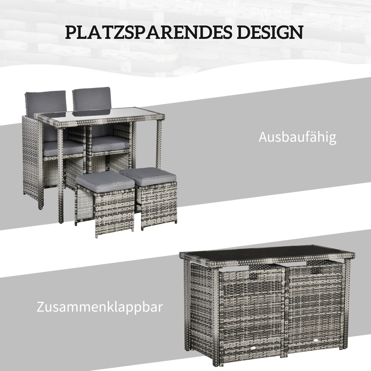 Ομάδα καθισμάτων Polyrattan για 4 άτομα, τραπεζαρία, σετ κήπου με μαξιλάρια, γκρι