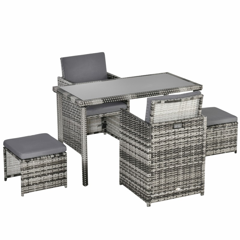 Ομάδα καθισμάτων Polyrattan για 4 άτομα, τραπεζαρία, σετ κήπου με μαξιλάρια, γκρι